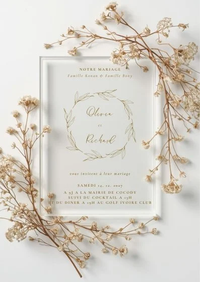 faire part transparent de maison mossia, entourée de coton, avec un ruban rose pâle, sur fond beige.