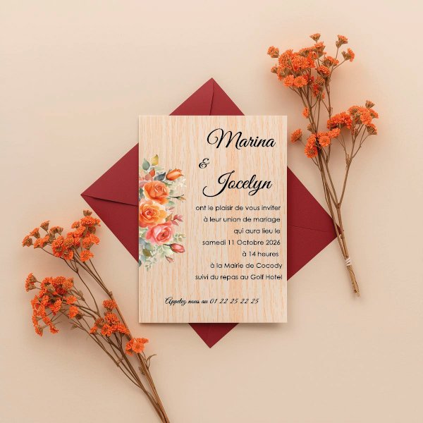 faire part mariage en plexiglass theme fleur couleur abricot