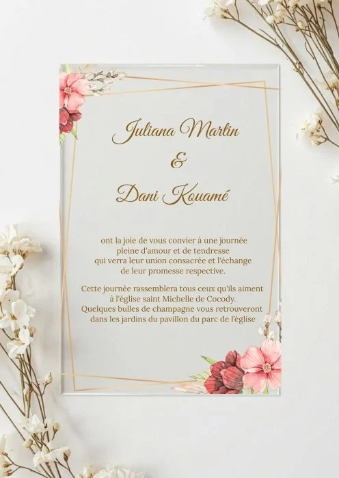 Faire part mariage plexiglass transparent fleuri Rosace maison mossia