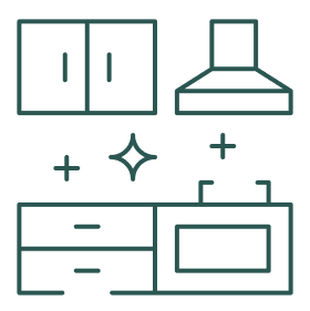 Kitchen cabinets, range hood, microwave, and countertop with utensils.