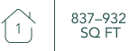 Floor plan showing a space of 837-932 square feet.