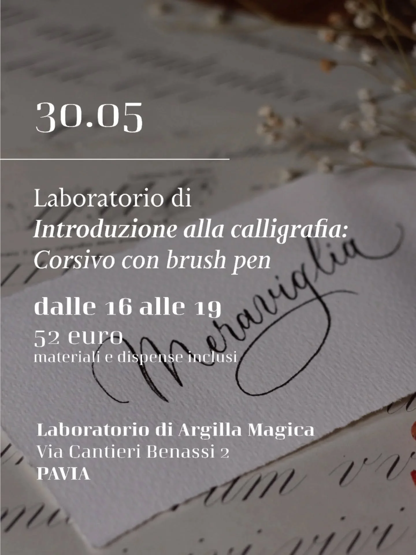 Laboratorio di Introduzione alla Calligrafia da @argilla_magica a Pavia 🖋

Quando:
Il 30/05 dalle 16

Costo:
52 euro
I materiali li mettiamo noi, non dovete portare nulla!

Per info ed iscrizioni:
Potete scrivere a me o ad @argilla_magica :)