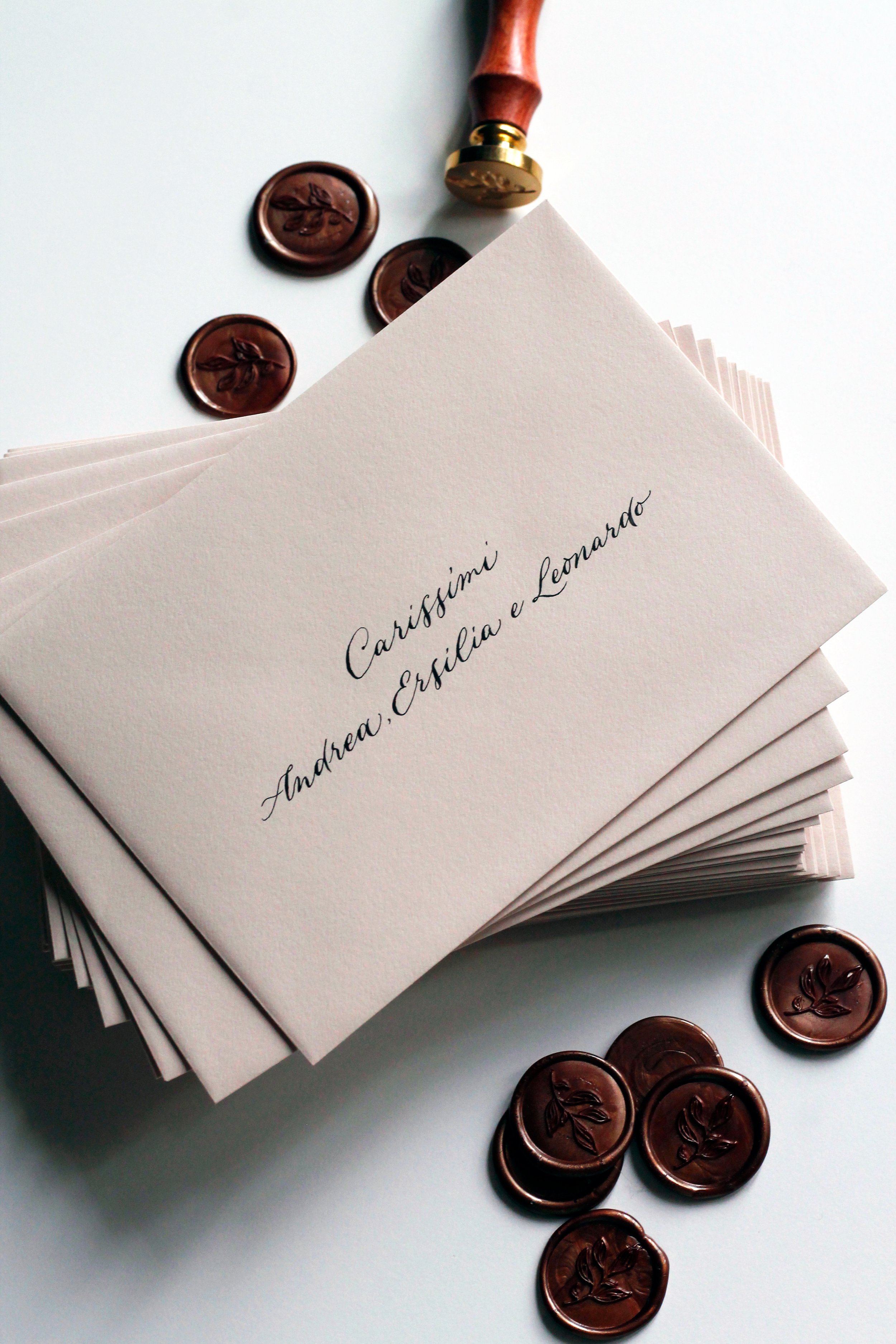 Inviti di nozze con nomi 'Carissima, Andrea Ersilia e Leonardo' scritti in corsivo, circondati da ceralacca marrone con stampo a foglia, su sfondo bianco e con carta rosa in parte visibile.