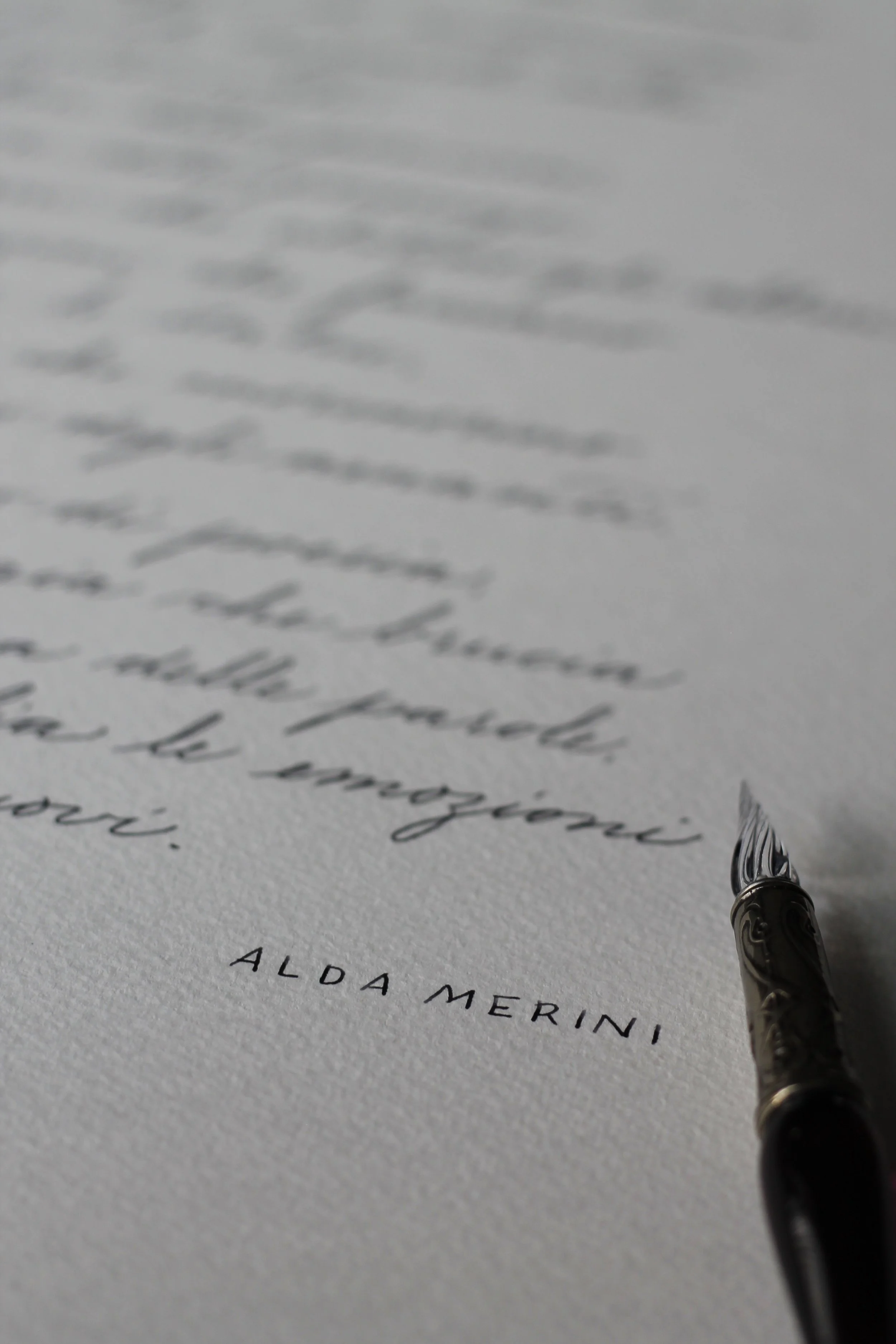 dettaglio di una lettera scritta a mano con una penna stilografica, firma di Alda Merini.