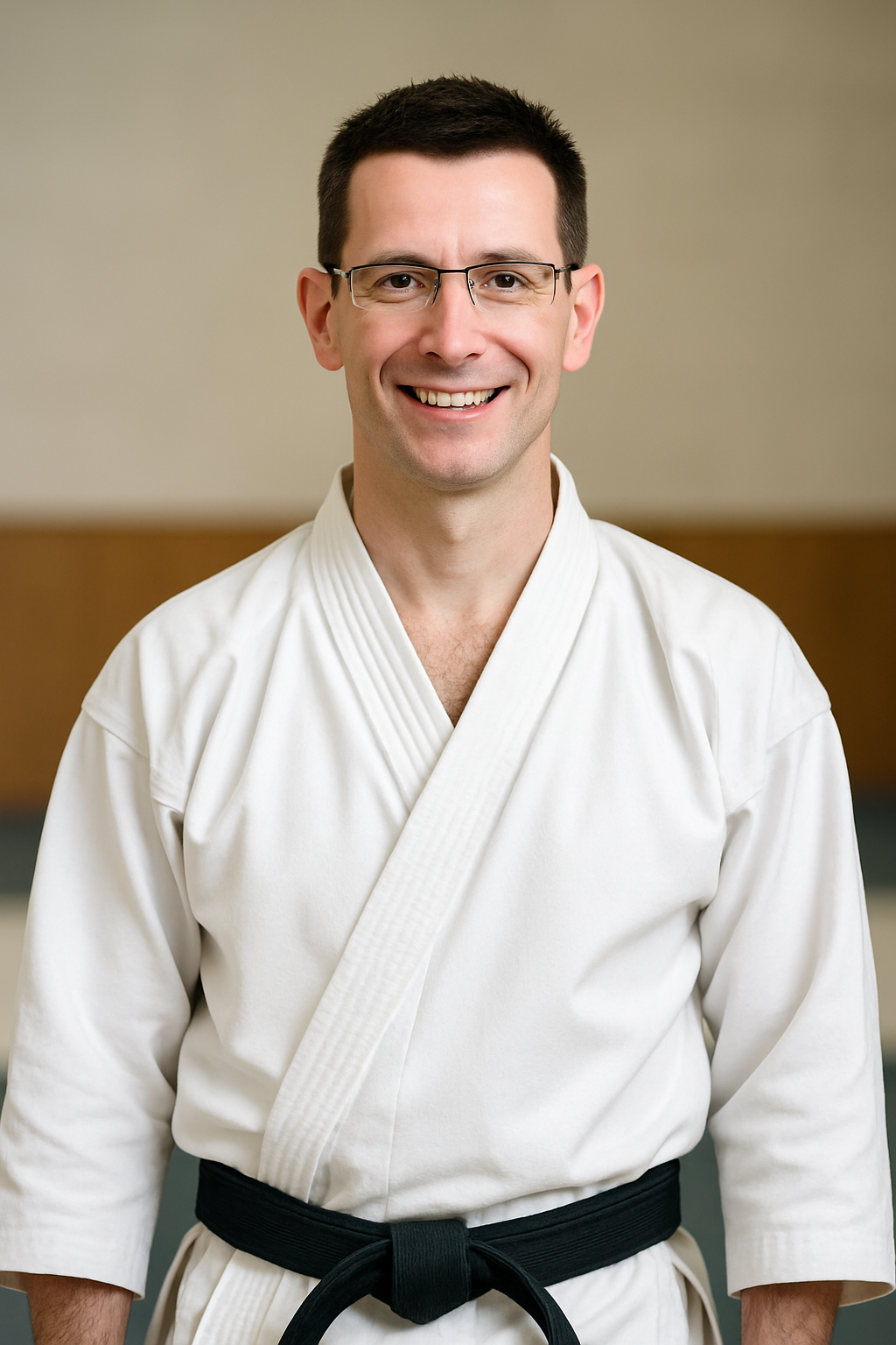 A karate sensei, smiling in a white karate uniform and black belt, wearing glasses, standing indoors with a beige and brown background, in Floreat, Perth,  Western Australia.