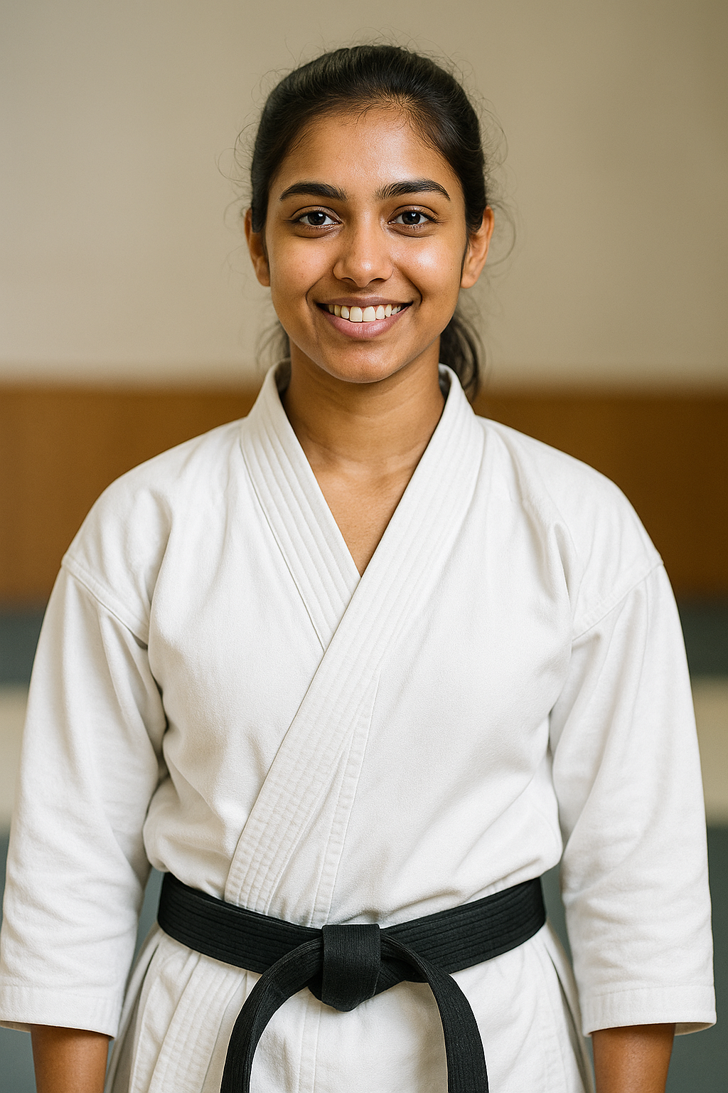 A young woman in a white karate gi with a black belt, smiling indoors, in Floreat, Perth,  Western Australia.