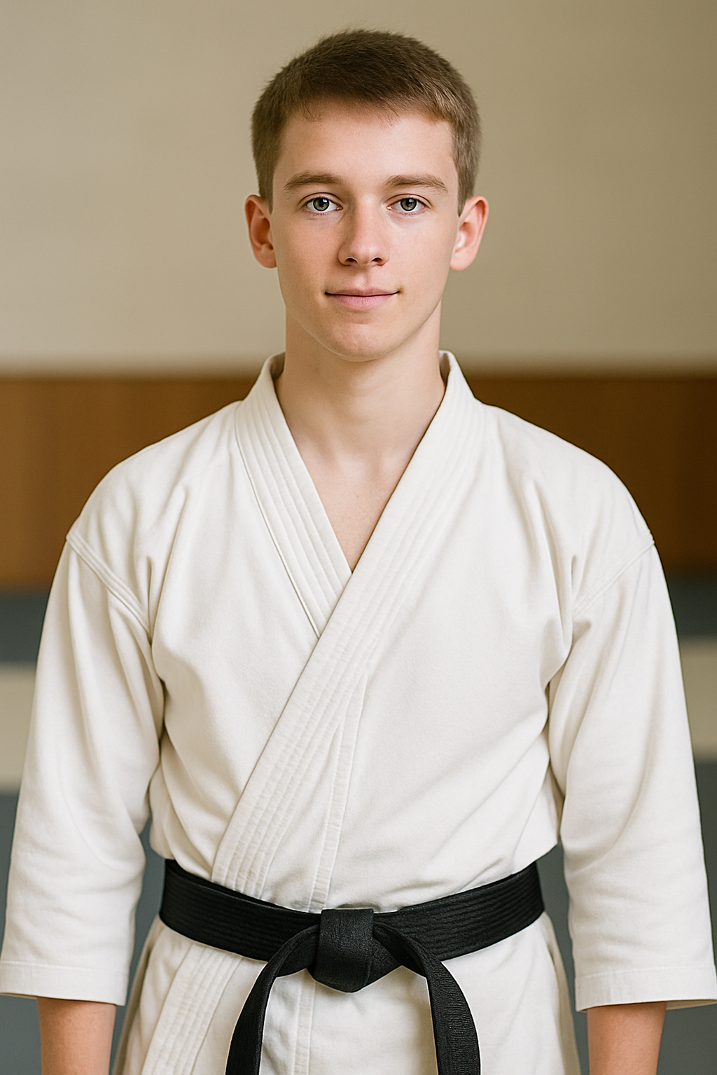 A young male martial artist wearing a white gi and black belt standing indoors, in Floreat, Perth,  Western Australia.