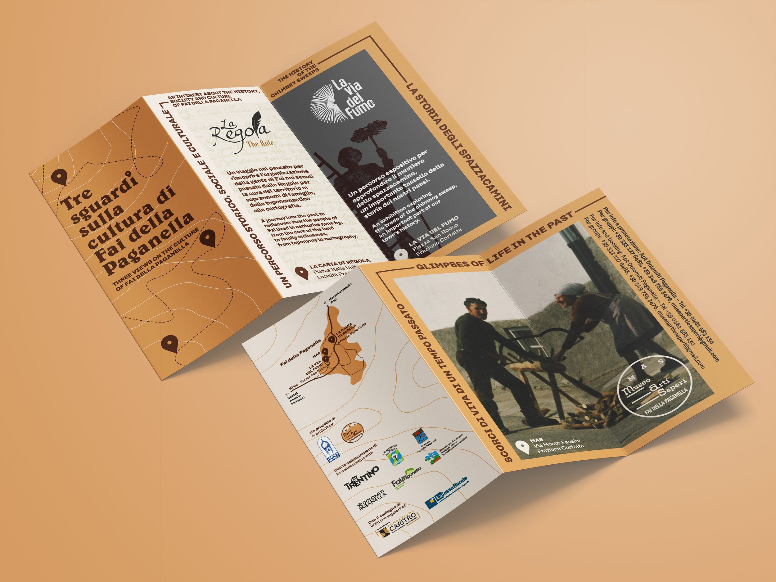 Broschüre über die Kultur des Fai della Paganella mit Karten und Bildern, inklusive Text in Italienisch und Englisch.