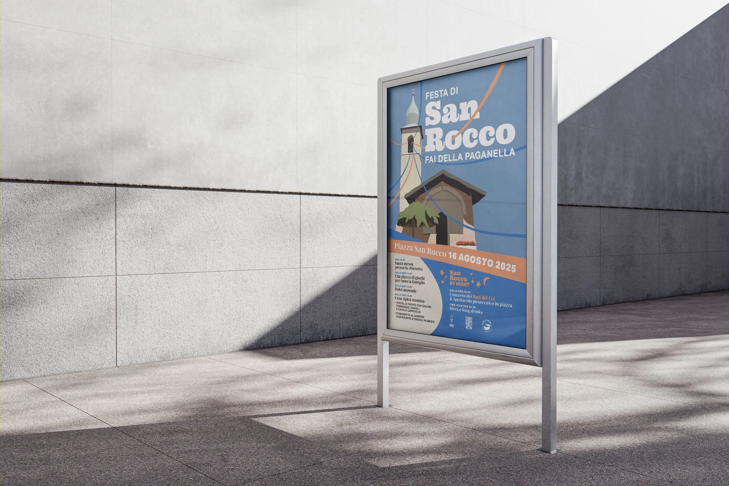 Werbeplakat für das Fest von San Rocco am 16. August 2025 auf Piazza San Rocco mit Informationen zu Veranstaltungen und Aktivitäten.