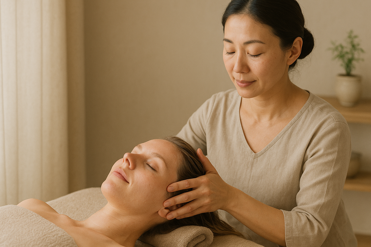 Woman receiving a head massage from a therapist in a spa or massage room with beige walls and a potted plant in the background.