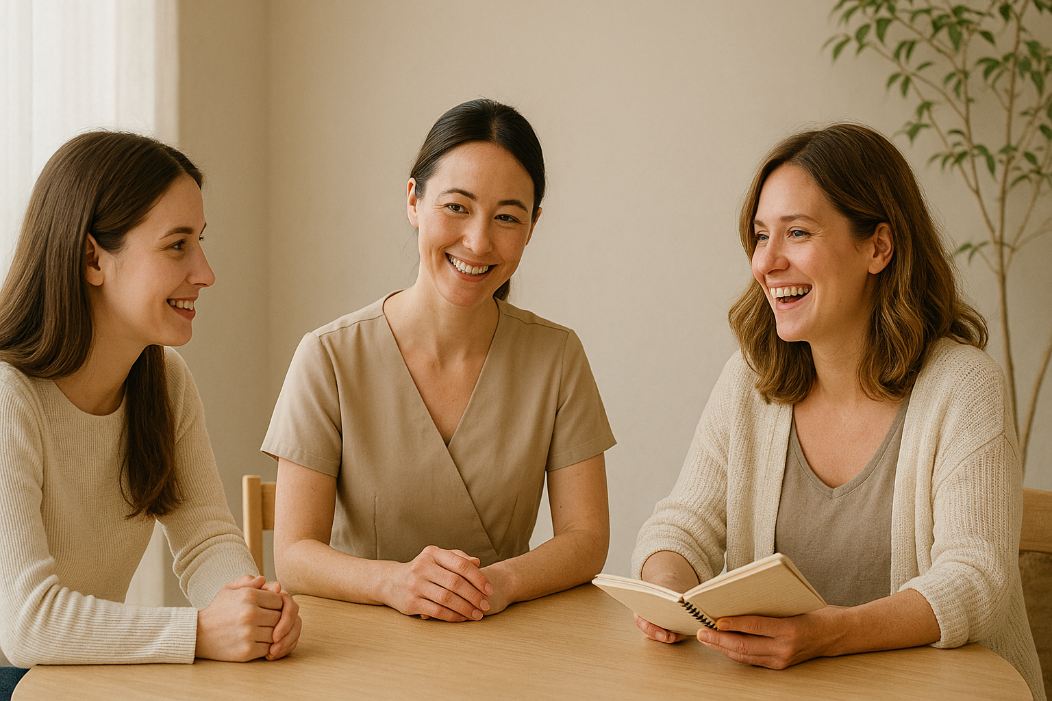 Three women sitting at a table, talking and smiling, with one woman holding a notebook.