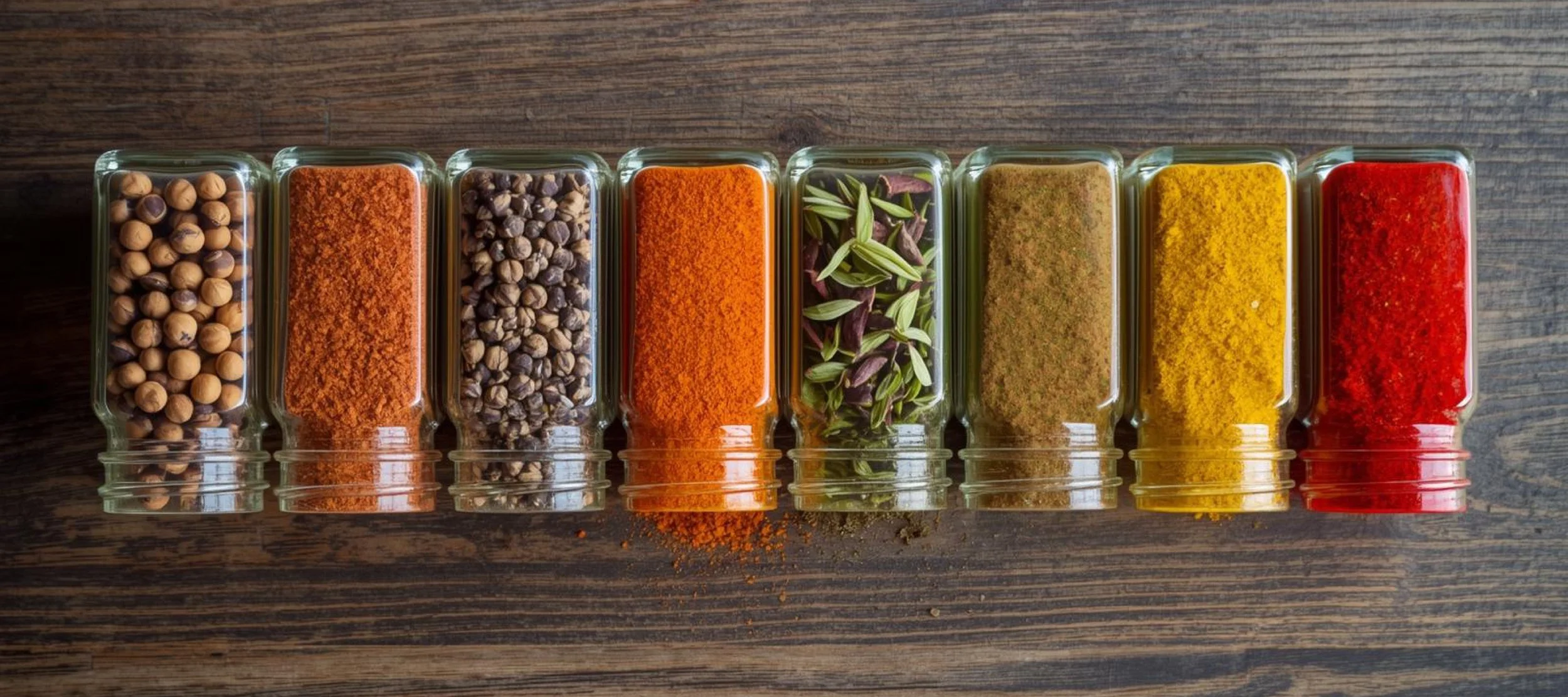 Seven glass jars filled with different spices or herbs, arranged in a row on a wooden surface. The jars contain chickpeas, red spice, black peppercorns, orange powder, mixed herbs, yellow spice, and red powder.
