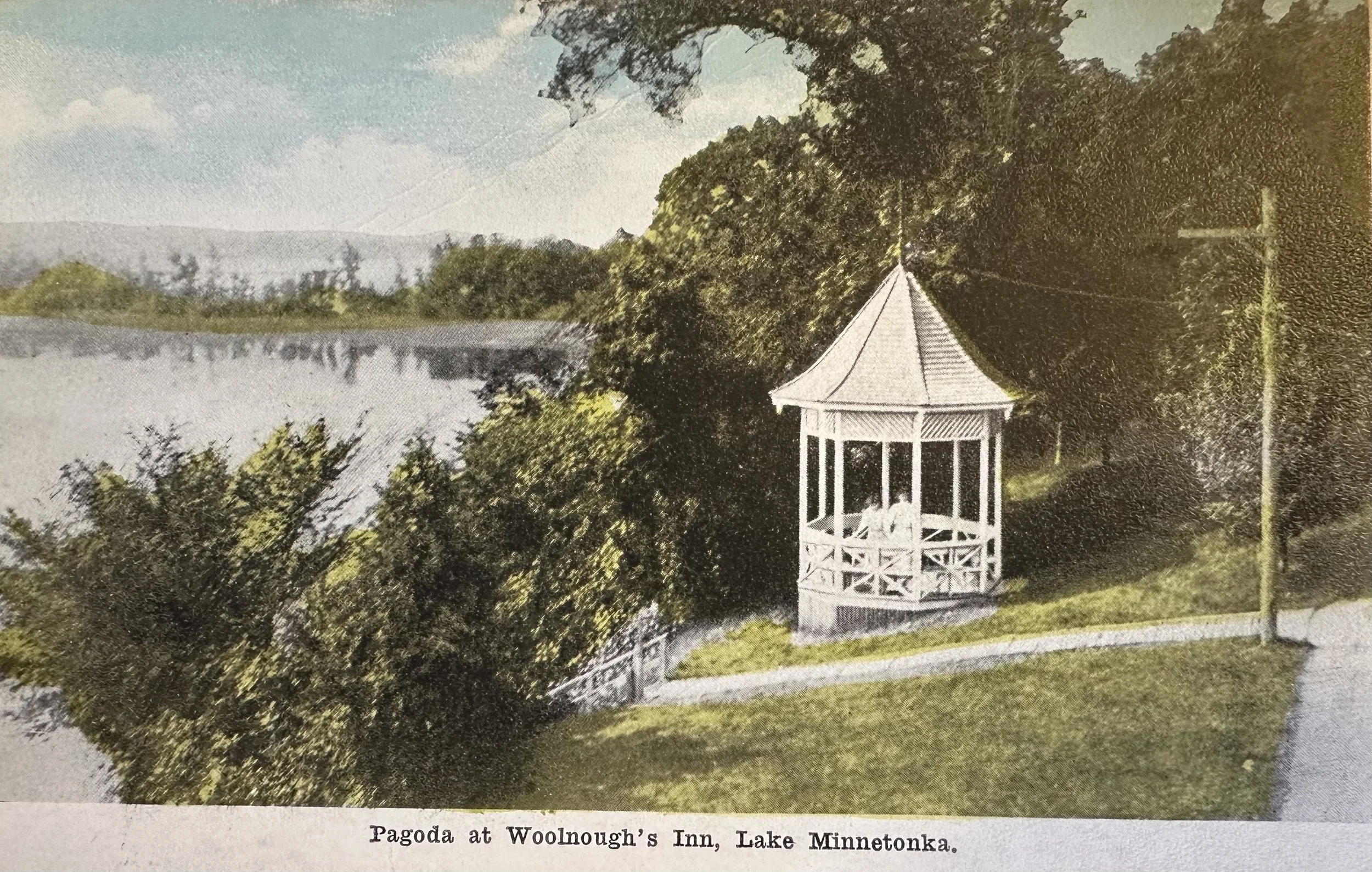  Lakeside pergola built about 1901 by Mrs. Woolnough. Pelican Pt or Island in background.  
