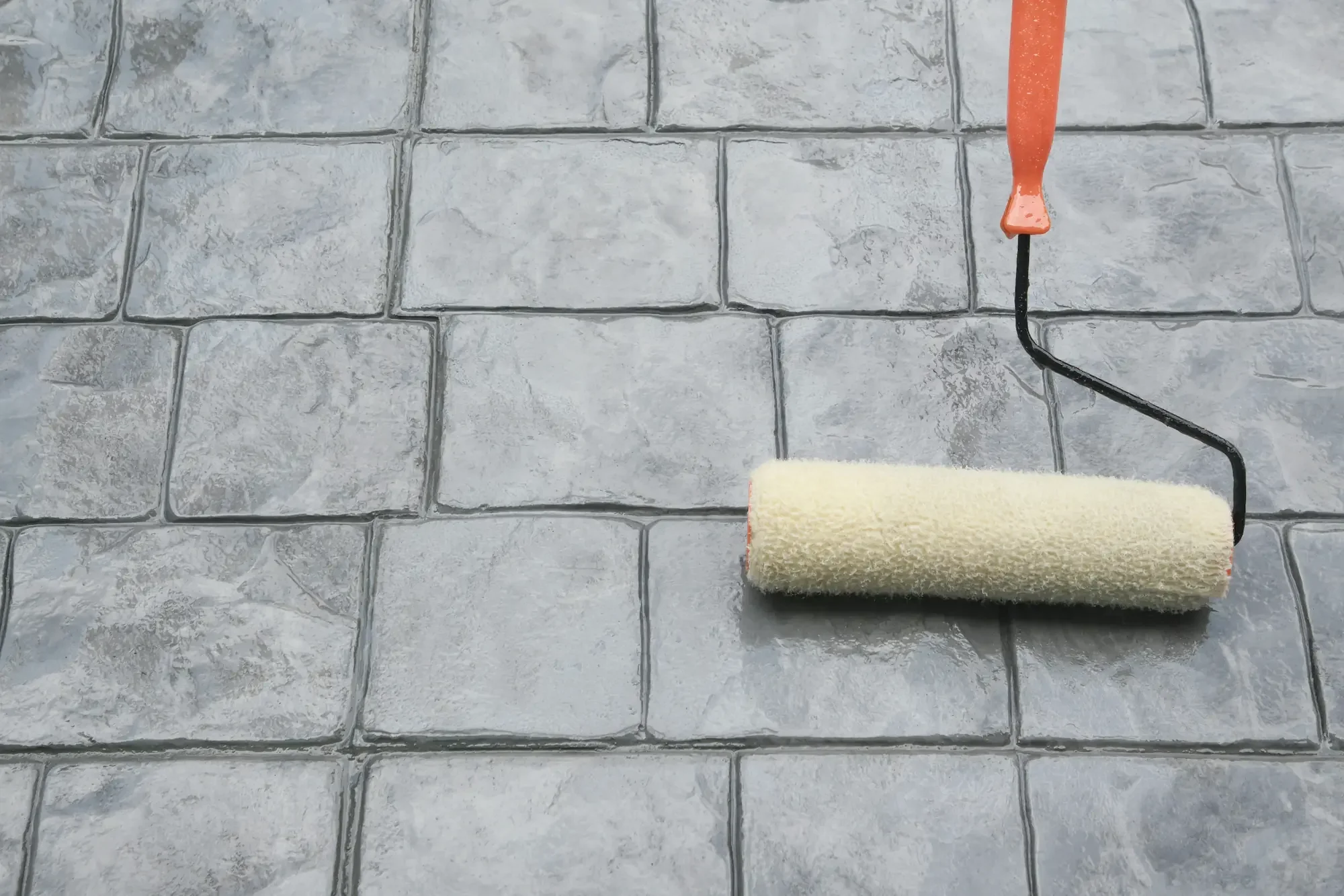 Application au rouleau d'un traitement anti-mousse sur un sol extérieur en pierre par Rince Caillou.