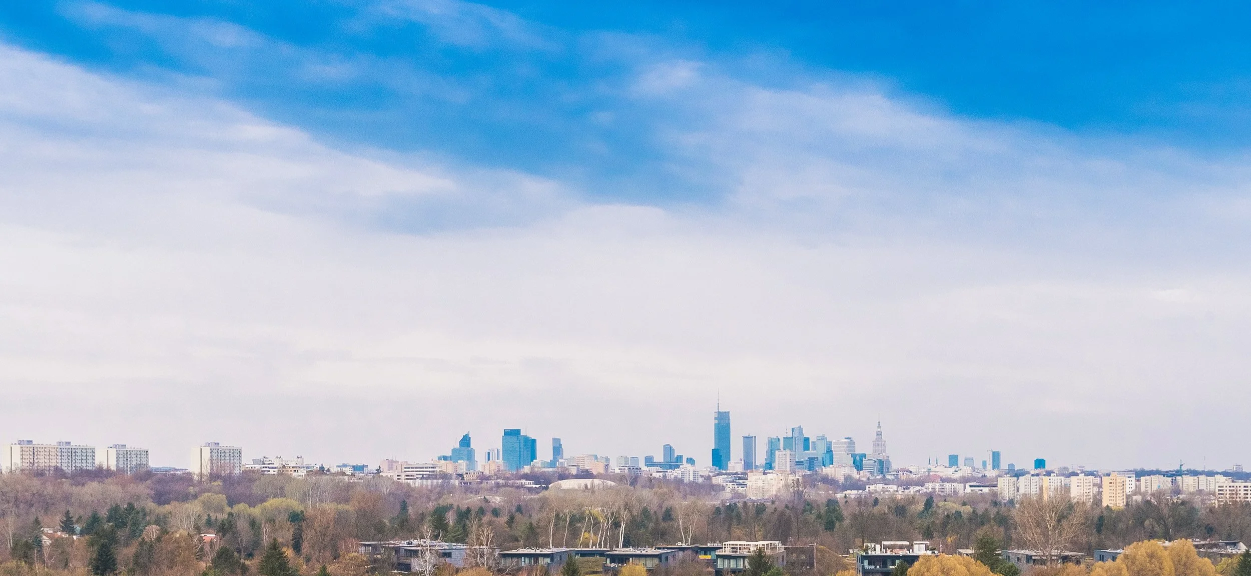 City skyline with tall buildings in the distance, under a partly cloudy sky, with trees and residential buildings in the foreground.