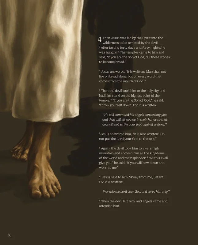 Close-up of Jesus’ feet, wearing a long white robe, standing on a dark surface. The text on the right side contains biblical verses from Matthew 4, describing Jesus being tempted by Satan in the wilderness.