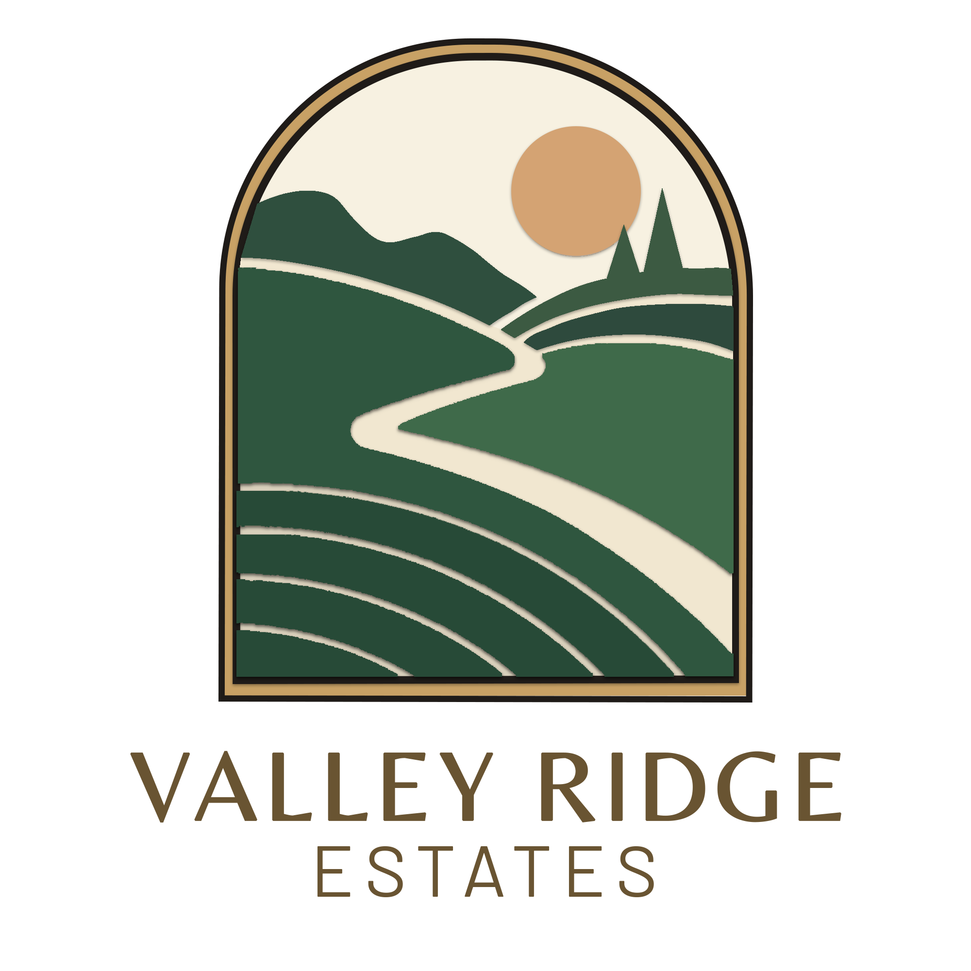 Stylized landscape scene featuring rolling green hills, a winding path or river, a sun in the sky, and distant mountains within an arched window frame.