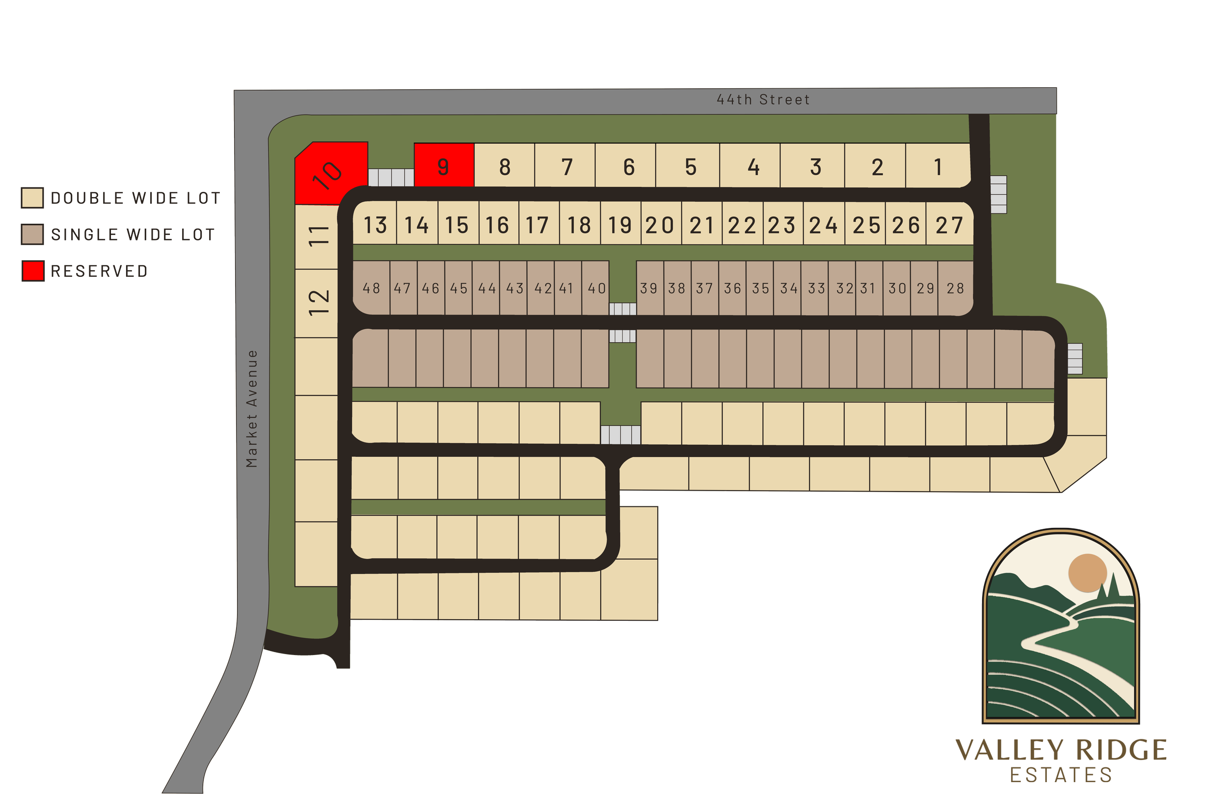 Map of a housing community with numbered lots, some reserved in red, including a layout of the streets and lots, with a green landscape and a logo of a scenic landscape in the bottom right corner.