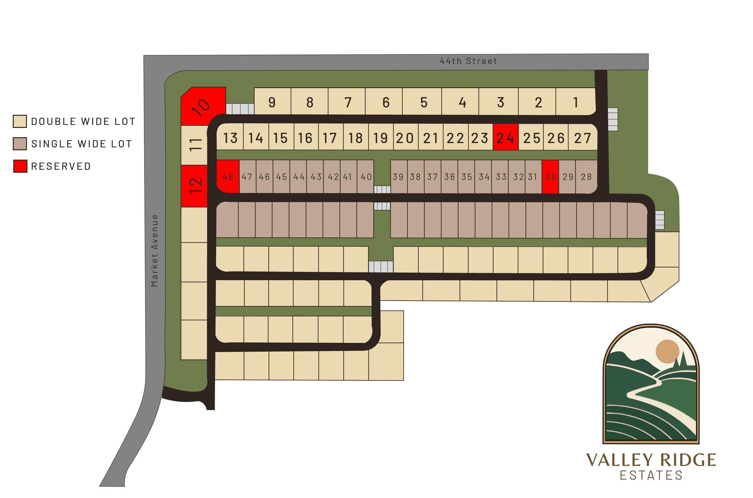 Phase 1 site plan for Valley Ridge Estates showing numbered single-wide and double-wide home lots in Fremont, Michigan