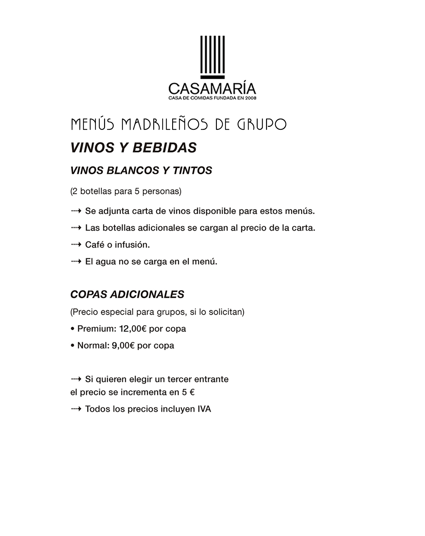 Menú de bebidas del restaurante Casa de Comidas Casamaría, con lista de vinos blancos y tintos por botella, opciones adicionales y precios.