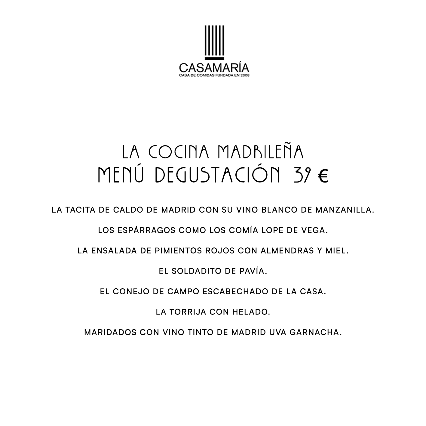 Menú de degustación de La Cocina Madrileña con diversos platos y vino, en un fondo blanco con logotipo de Casamaría en la parte superior.