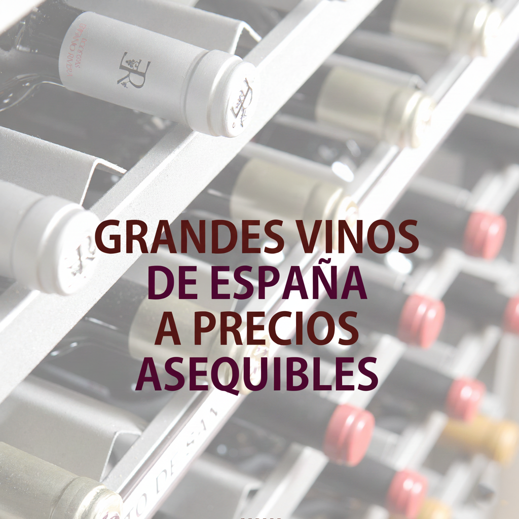 Filas de botellas de vino en una bodega, con un texto en el centro que dice 'Grandes vinos de España a precios asequibles'.