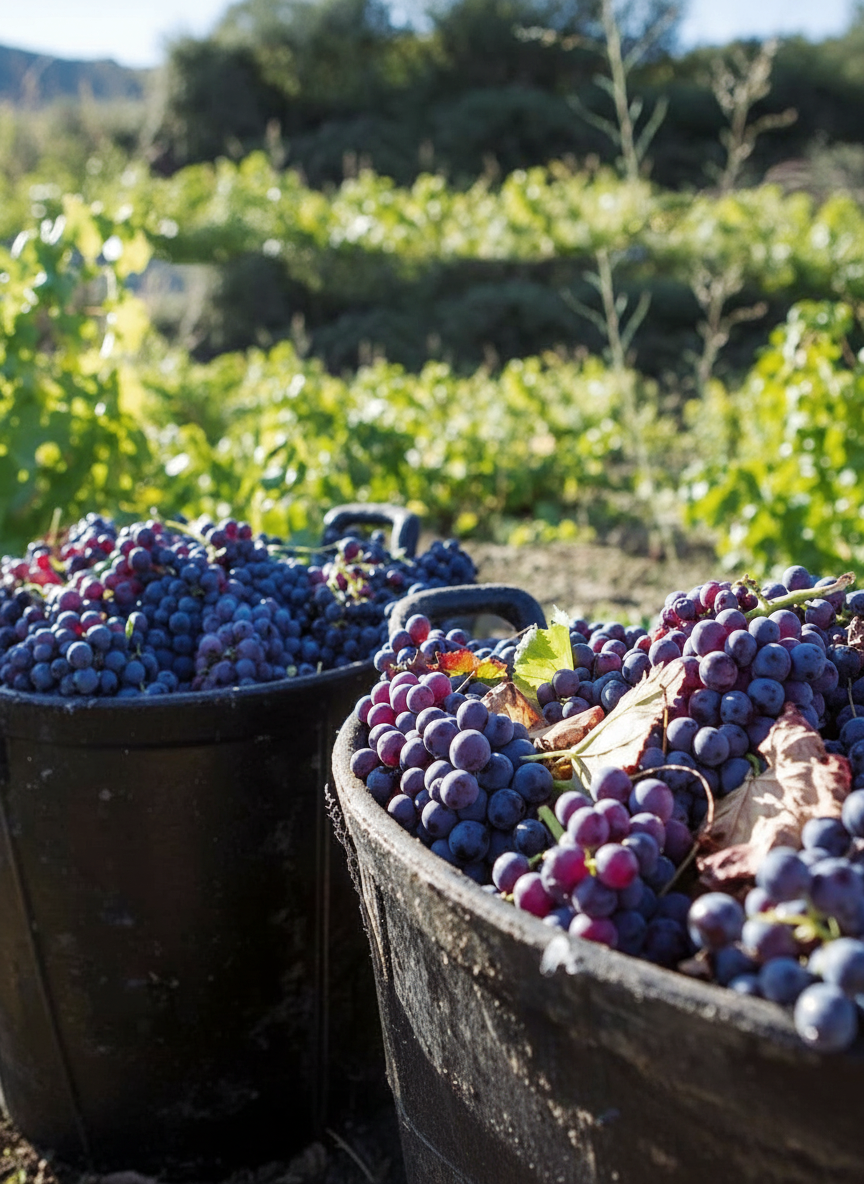 Cajas llenas de uvas moradas en un viñedo al aire libre con plantas verdes y árboles en el fondo.