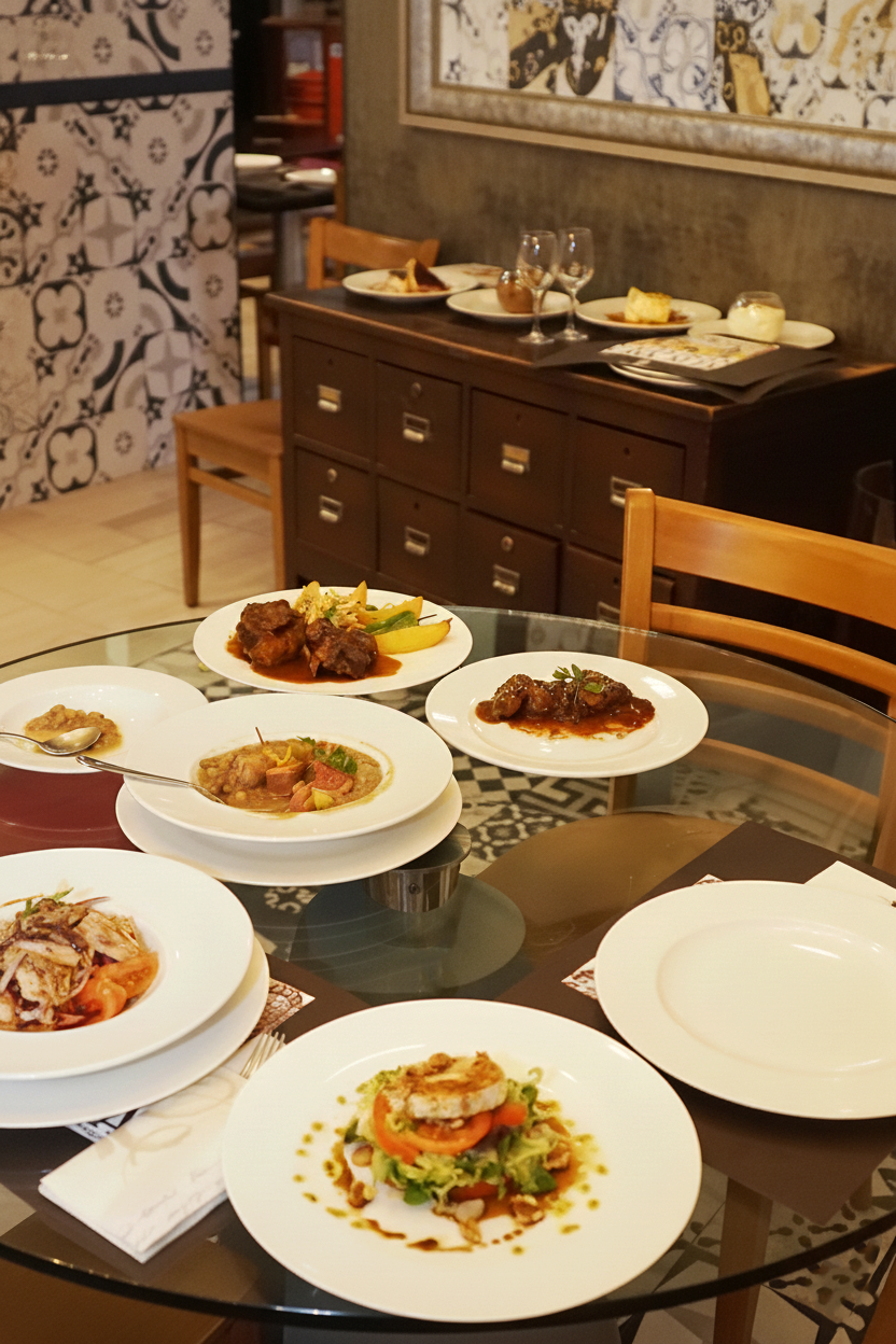 Varios platos de comida en una mesa de restaurante, con alimentos como carne, ensalada y salsas, en un ambiente decorado con papel tapiz de patrones decorativos y muebles de madera.