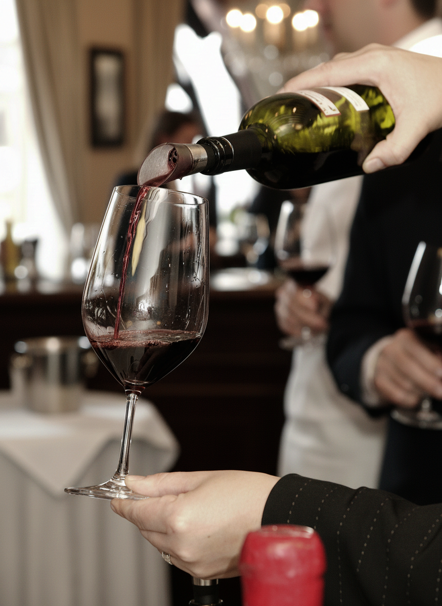 Persona sirviendo vino tinto en copa en restaurante elegante