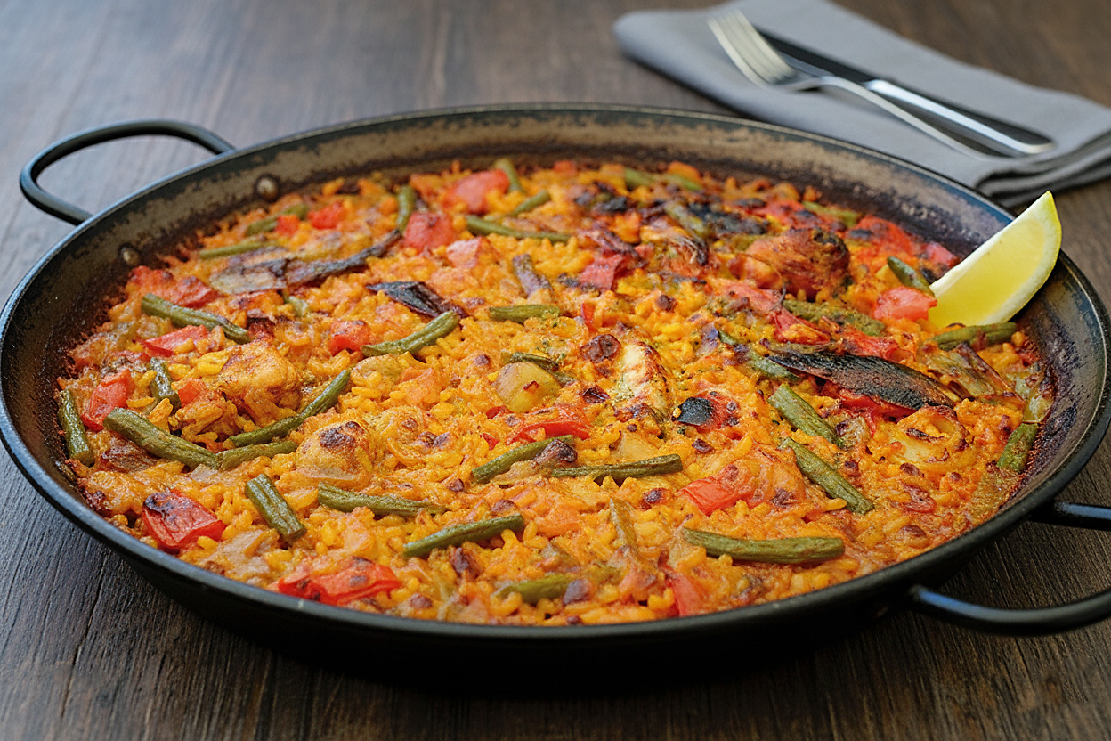 Paella con arroz, verduras, y mariscos, decorada con limón.