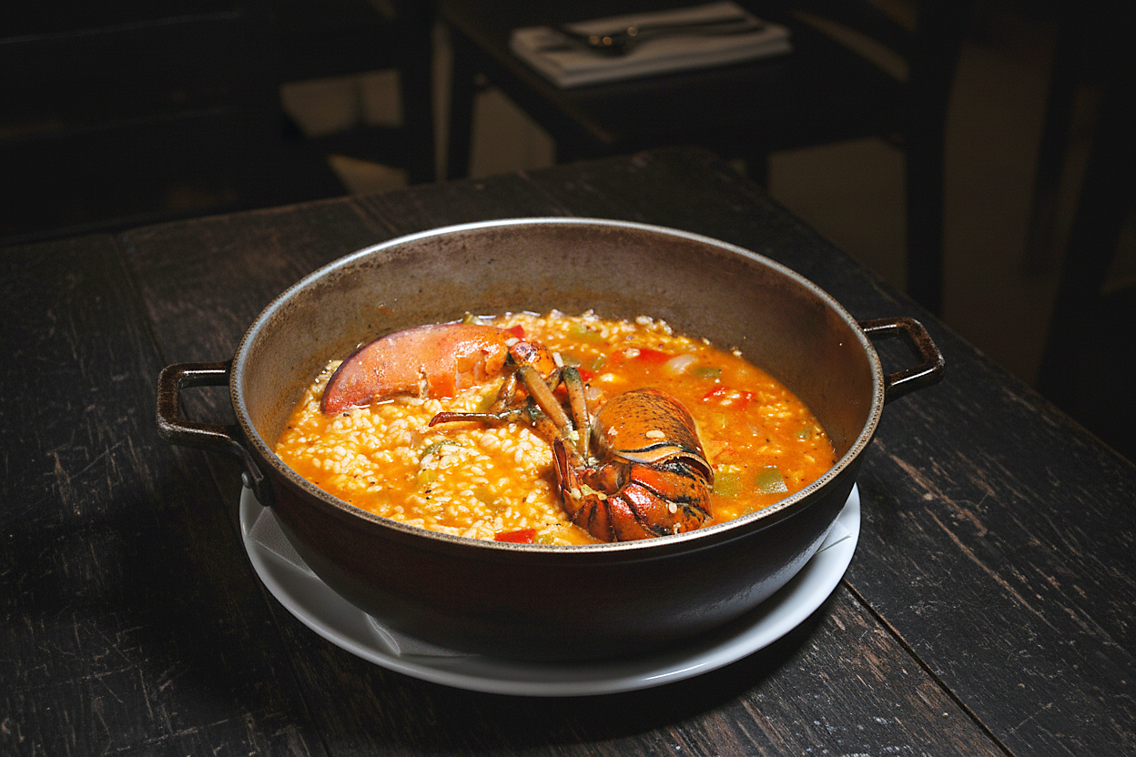 Arroz caldoso con mariscos en sartén de hierro sobre mesa de madera oscura.