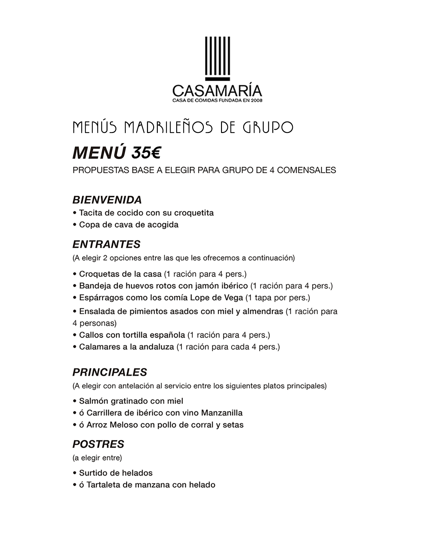 Menú de restaurante con opciones como entrantes, platos principales y postres, en papel blanco con texto en español y logotipo en la parte superior