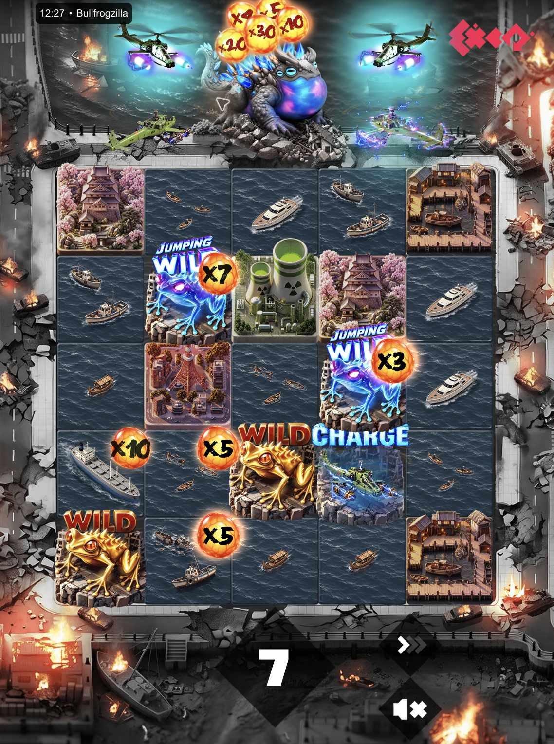 Bullfrogzilla Free Spins grid showing blue Jumping Wilds carrying ×7 and ×3, a Charge symbol, multiplier cells and helicopters above the grid.