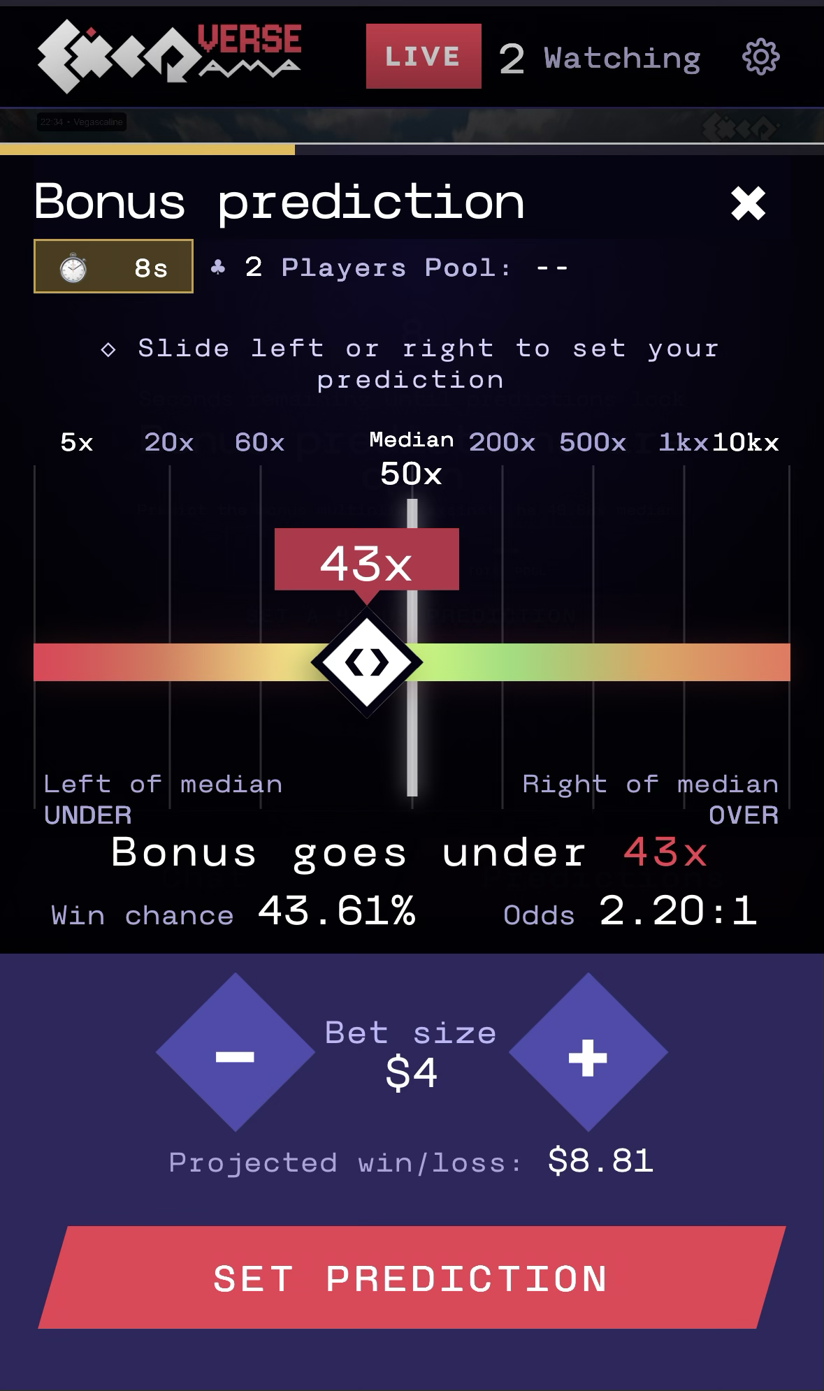 AMP mobile prediction panel with an eight-second countdown, an UNDER 43x threshold, 2.20:1 odds, a $4 stake and a displayed $8.81 possible return.