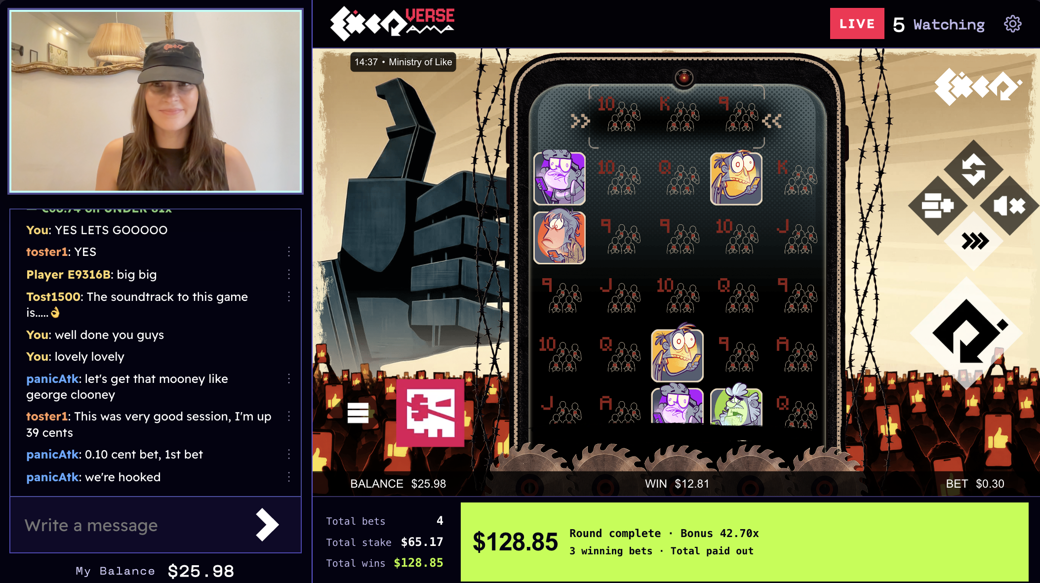 AMP desktop interface with Ministry of Like gameplay, a streamer camera, live viewer chat and a bonus prediction result summary.