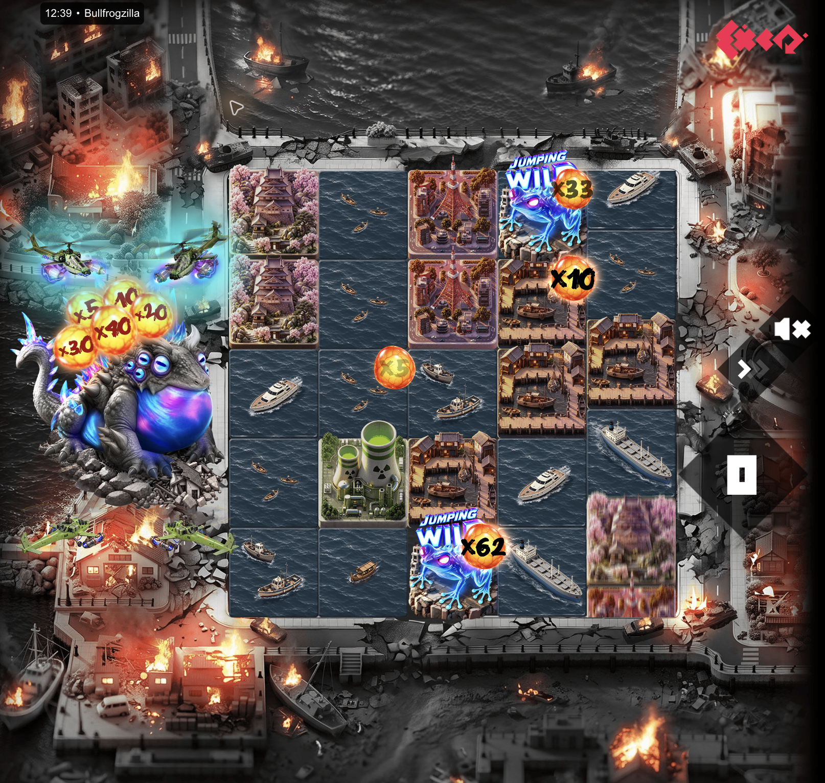 Bullfrogzilla gameplay with the glowing Bullfrog beside the grid, helicopters, multiplier cells and Jumping Wilds displaying ×3 and ×62.