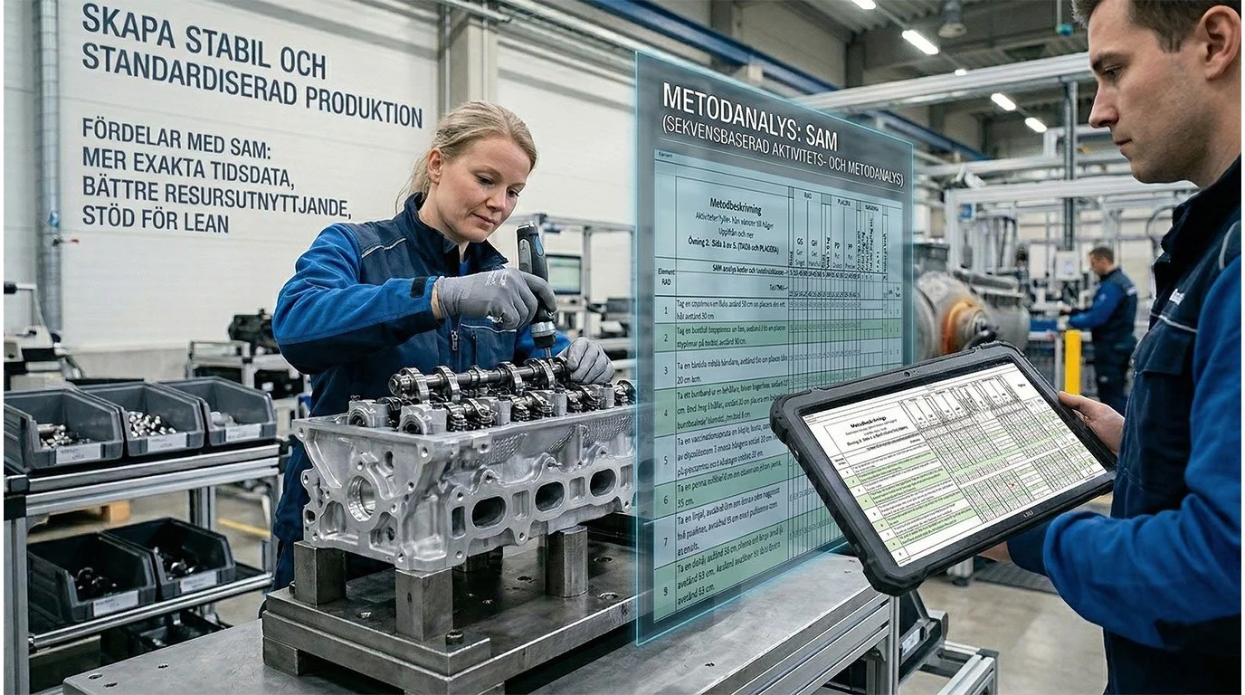 Instruktör som utför en SAM-analys för att identifiera slöseri i en monteringsprocess.