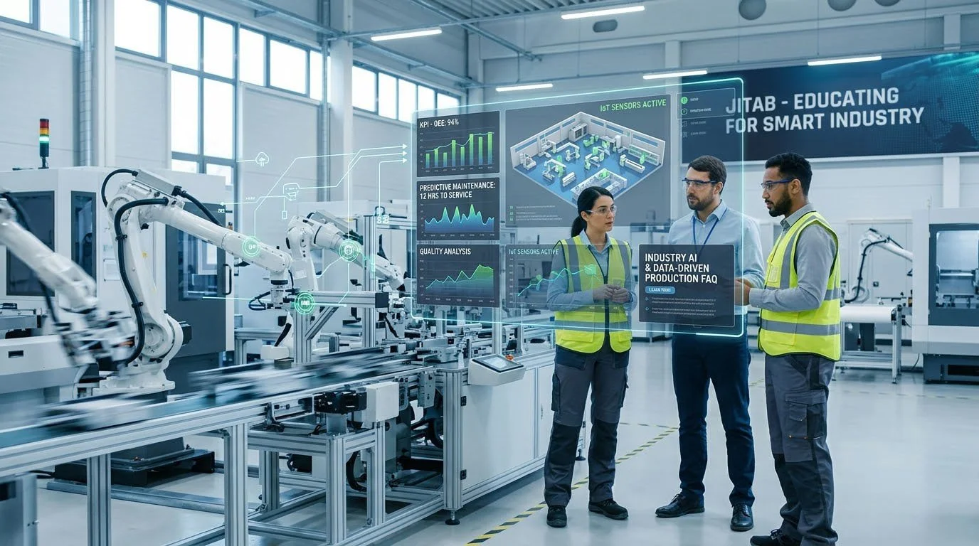 Personal i industriell miljö använder AR-gränssnitt för datadriven produktion och prediktivt underhåll. JITAB utbildning i Industriell AI.