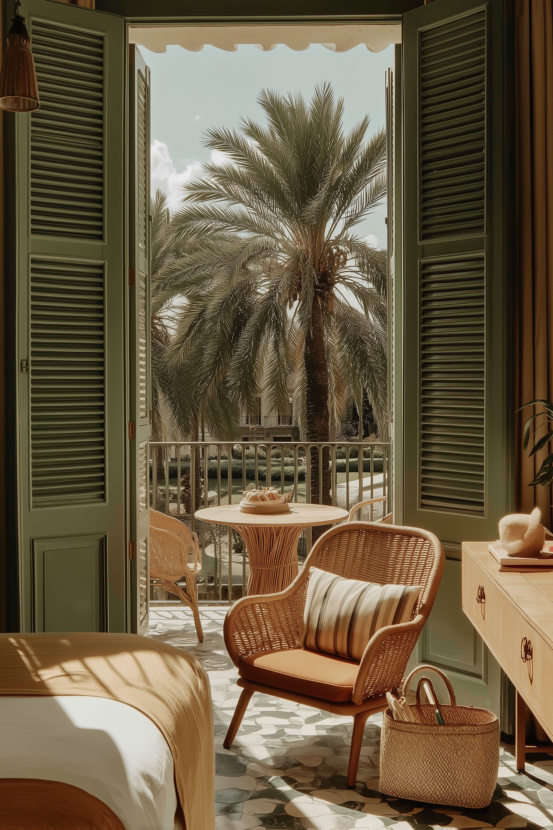 Open balcony door with green shutters leading to a view of palm trees and a patio area outside. Inside, there is a wicker armchair with a striped cushion, a wooden sideboard with a small sculpture on top, and a woven basket on the floor. The scene is brightly lit with natural sunlight.
