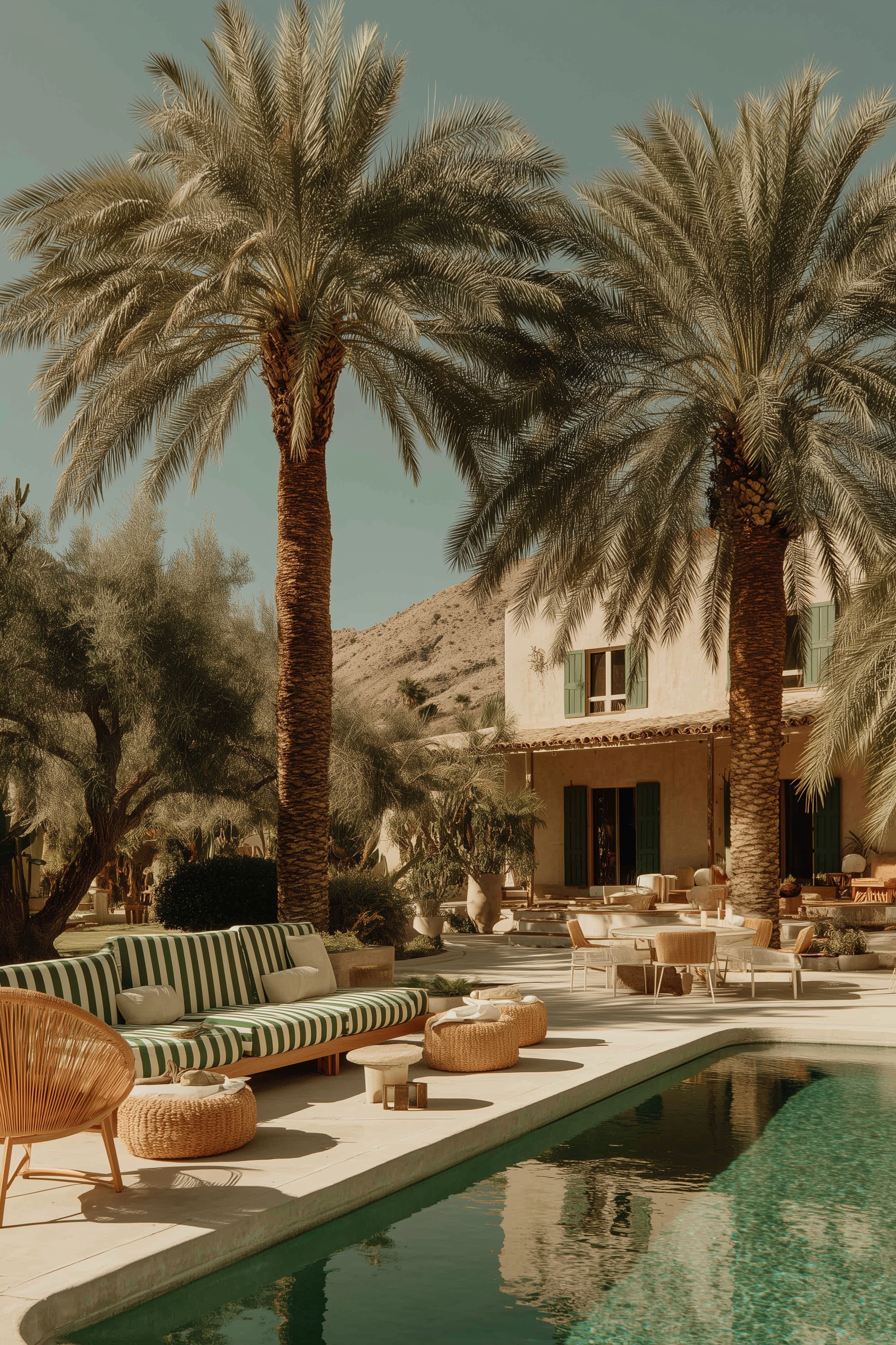A luxurious outdoor pool area with palm trees, striped outdoor sofa, wicker chairs, and a house in the background.