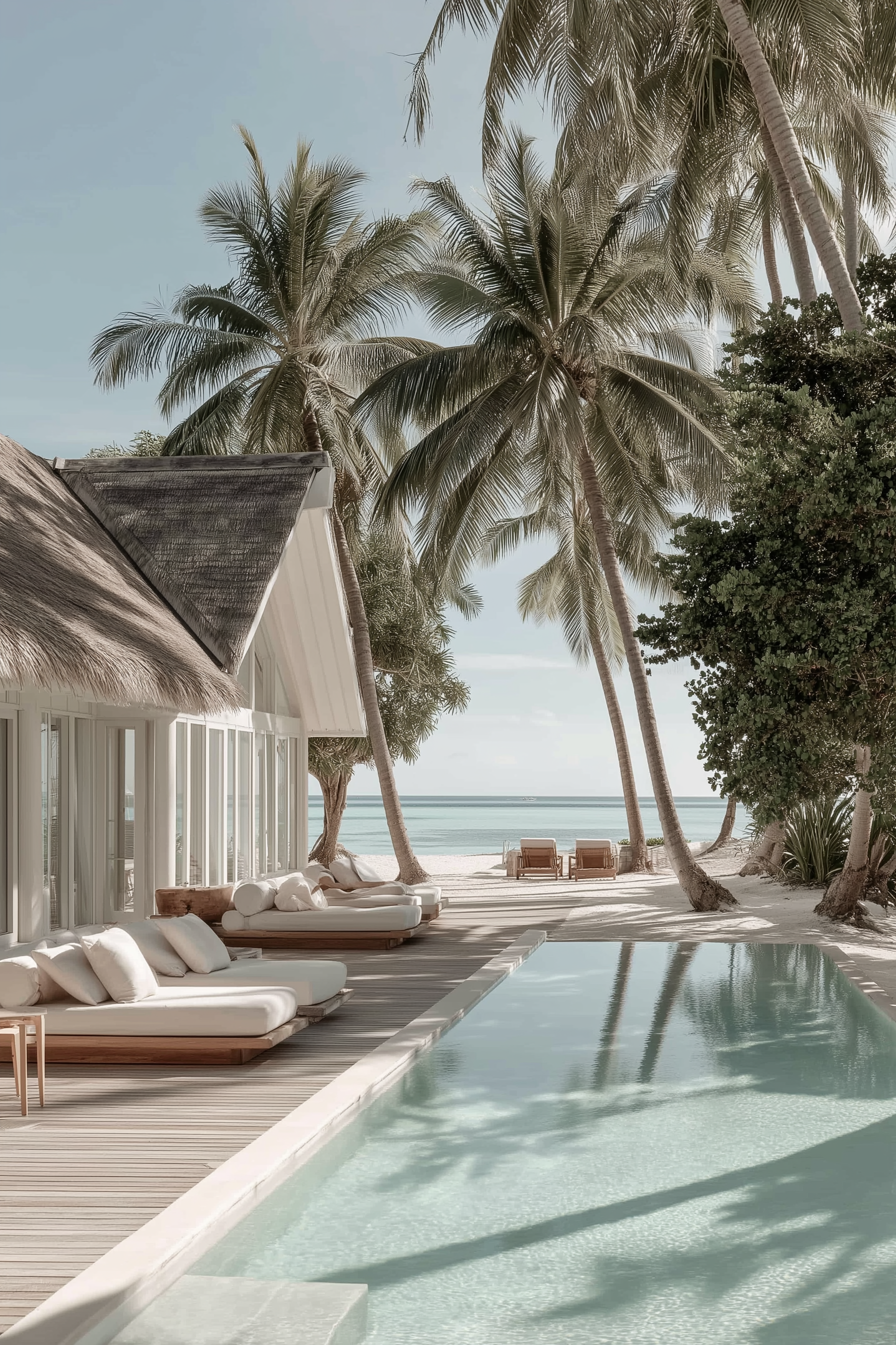 Luxury beachfront resort with a pool, palm trees, white lounge chairs, and a view of the ocean.