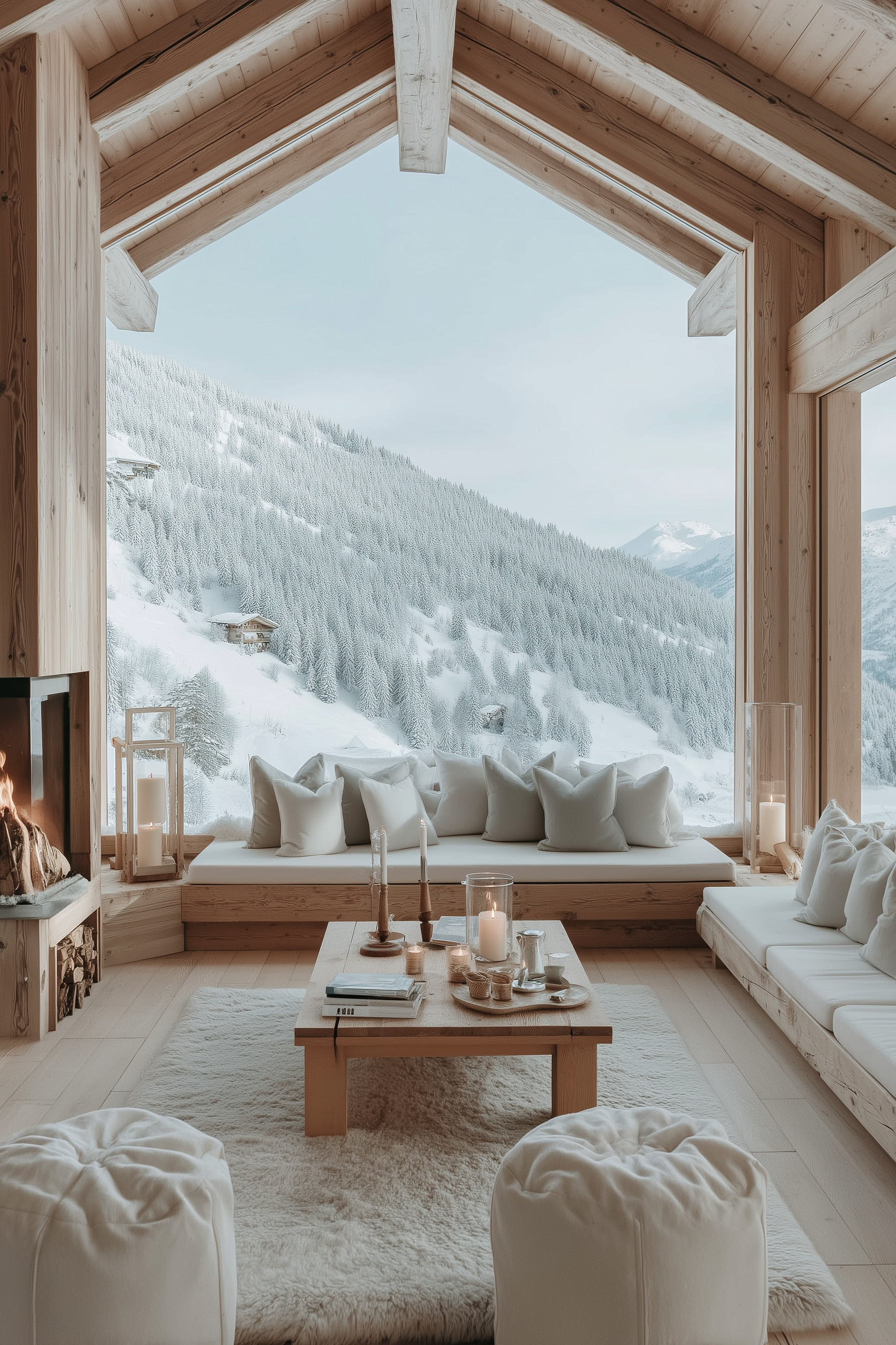 Cozy living room with large front-facing window view of snow-covered mountains and pine trees. Light wood furniture, candles, and plush pillows.