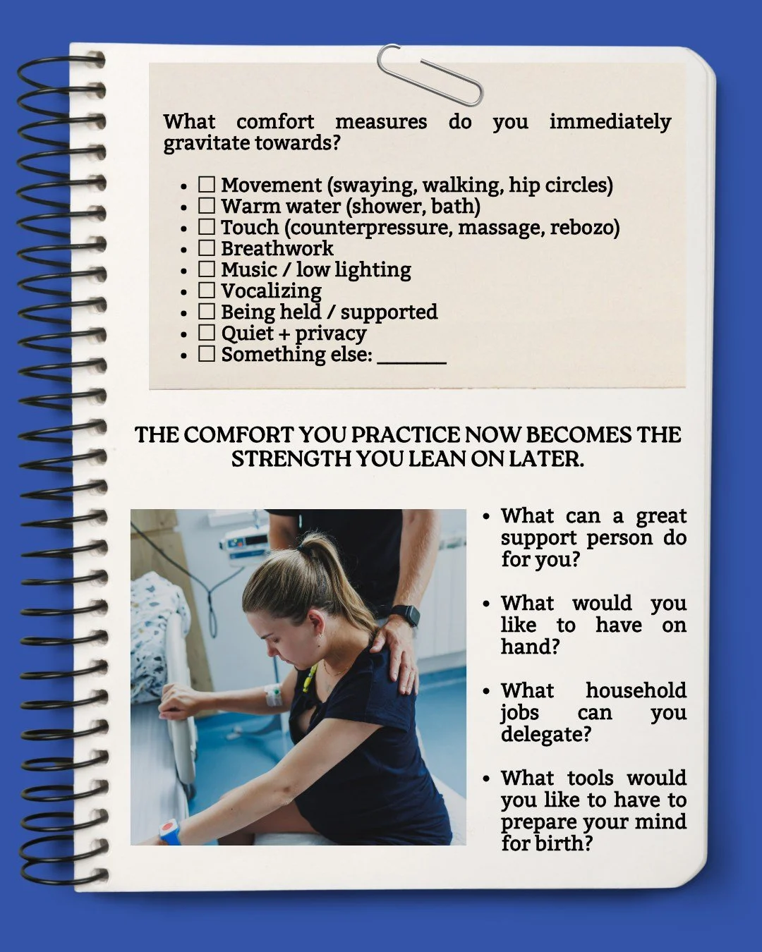 Comfort measures are about listening, not fixing. Your body sets the pace.

At home, comfort measures shape the entire environment.
Movement is unrestricted. Sounds are welcome. Familiar smells, water, warmth, and privacy support the nervous system t