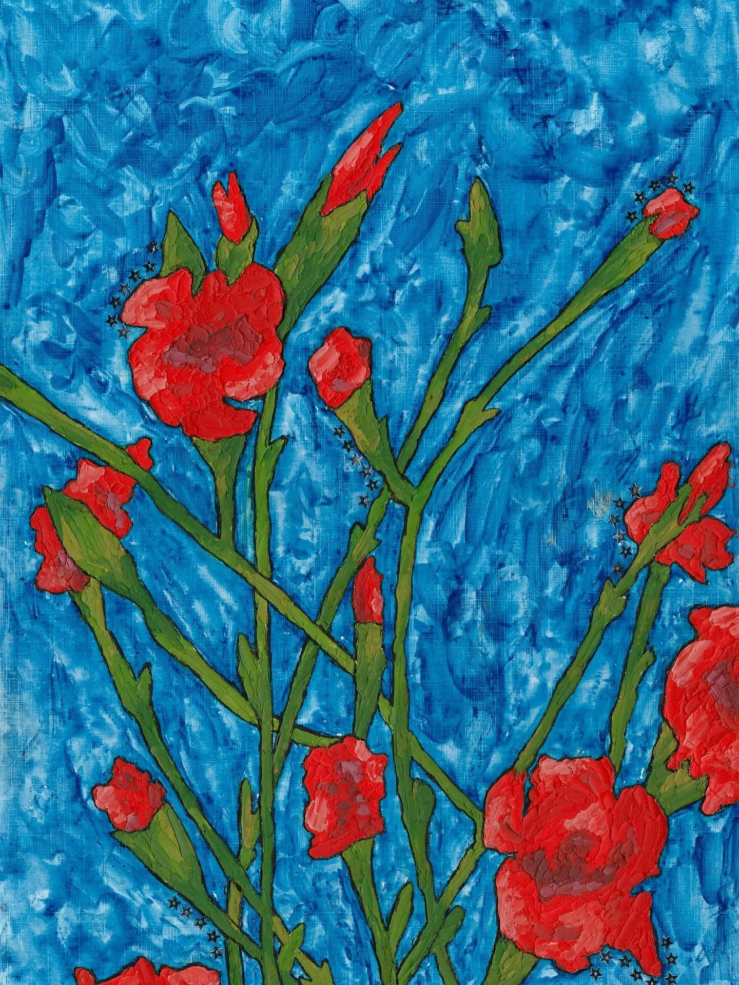Water soluble wax pastels, oil paint and stars! 
✨✨✨
I really enjoyed messing about with things and sticking lovely stars onto this piece at the end!
-
-
-
-
-
-
#flowers #paintingflowers #oilpaint #oil #waxpastel #stars #art #artist