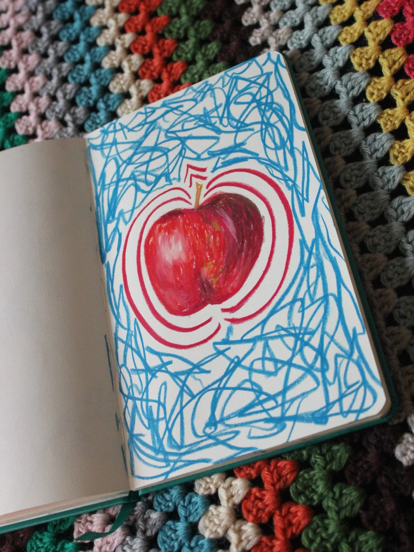 A piece in depth - December:

An apple in wax pastel 🍎

I&rsquo;ve been too busy and too tired to create much this month, sorry. 

This one is another drawing from my camera roll. Part of my breakfast is an apple. I took to photographing them each d