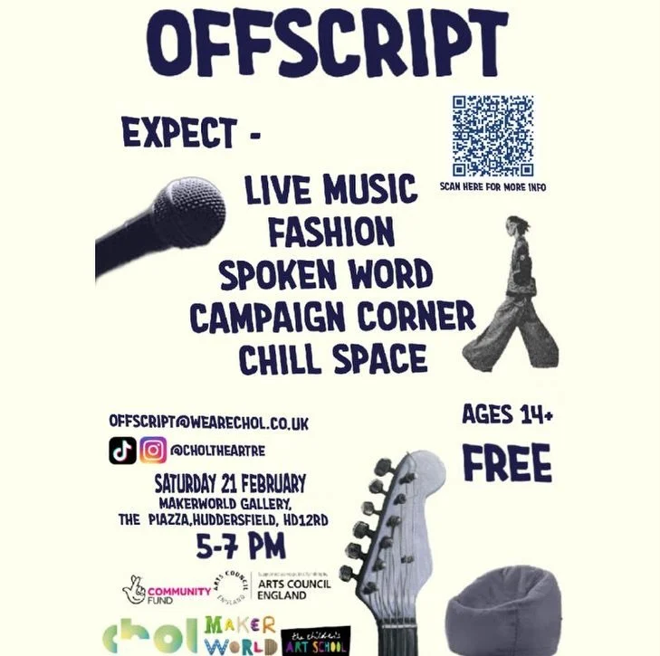 Join OFFSCRIPT: Youth Takeover on Saturday 21 February

Join us for an afternoon and evening packed with:

🔥Live music

🔥 DIY fashion &amp; making

🔥 Spoken word

🔥 Campaign corner

🔥 Chill spaces

Designed by young people, for young people, thi