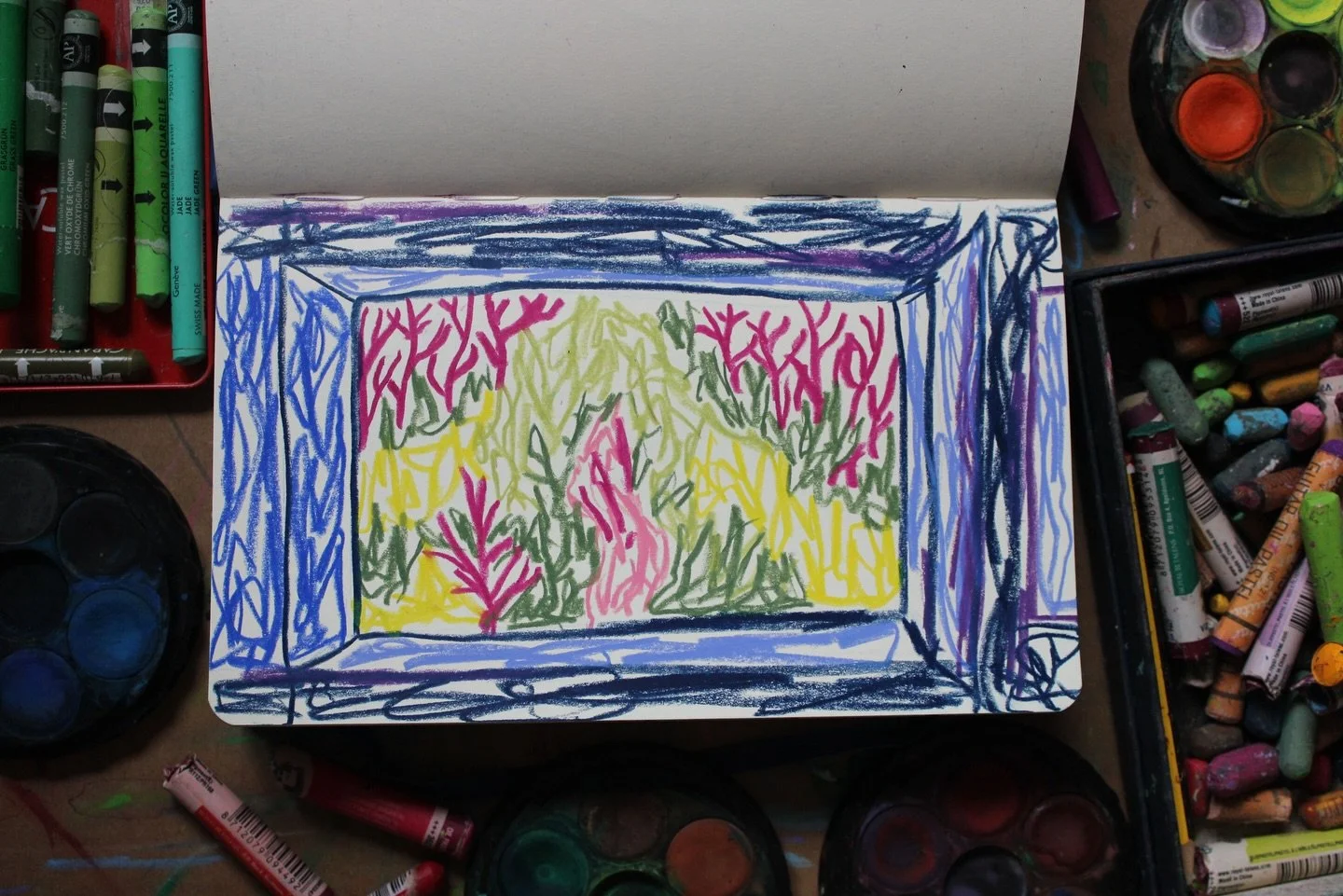 A colourful sketch through the window 💙💚💛🩷

I lurv the contrast in this piece :)

Inspired by a landscape in Penrith 
-
-
-
-
-
-
Sketchbook | Wax Pastel | Landscape
#sketchbook #waxpastel #landscape