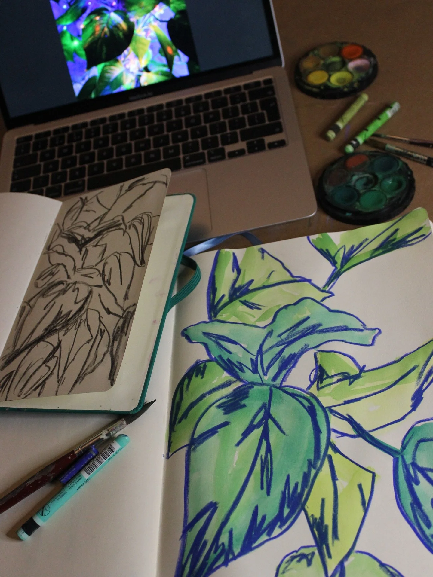 Some sketches of a plant at my grans 🌿

Using a graphite stick, water colour and Neocolour Aquarelle 2 :)

Also a look at the chaos of my art making space 

-
-
-
-
-
-
#plants #artist #sketchbook #carandache #workspace