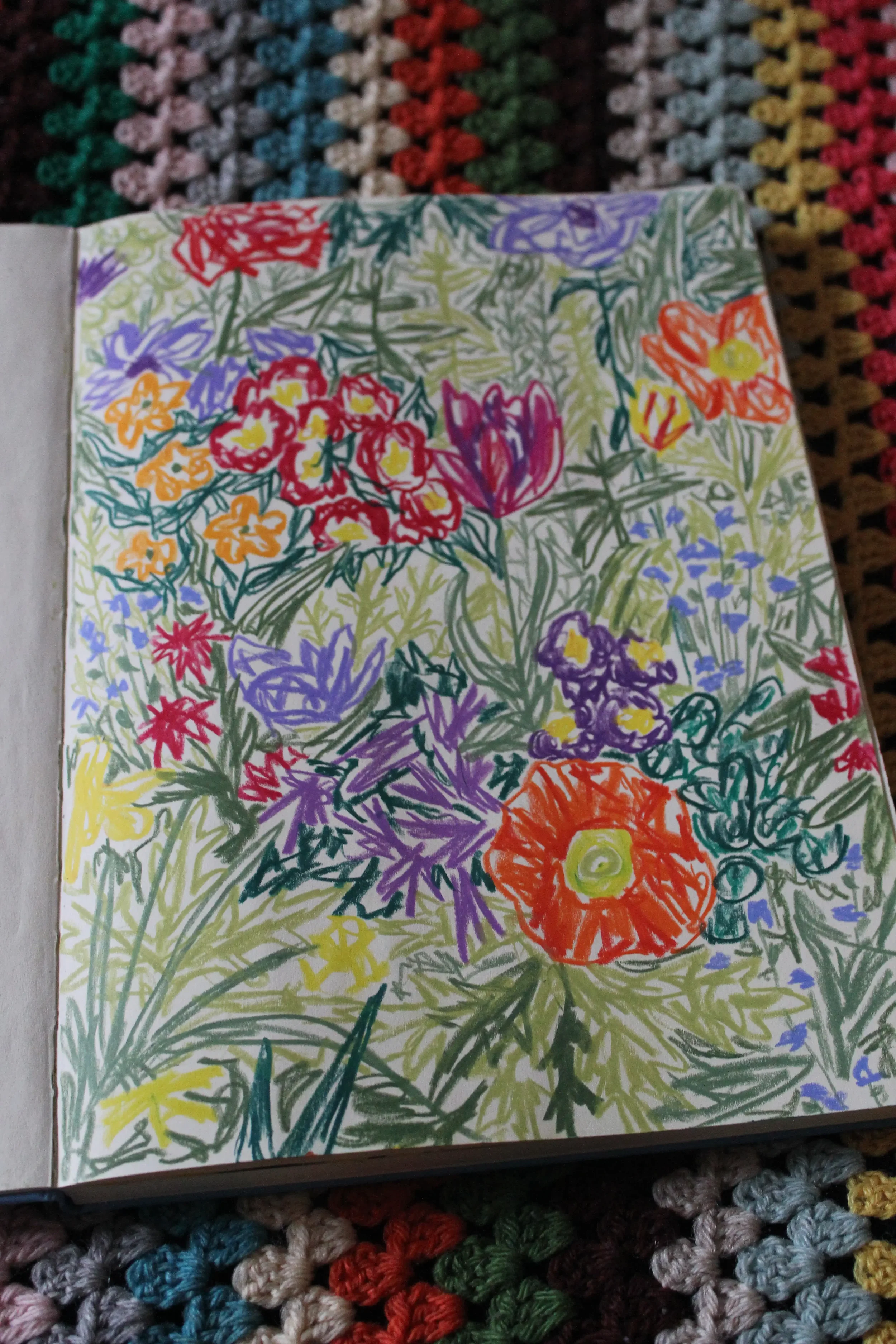 Colorful drawing of various flowers and plants on a page of a sketchbook, placed on a multicolored, textured woven blanket.
