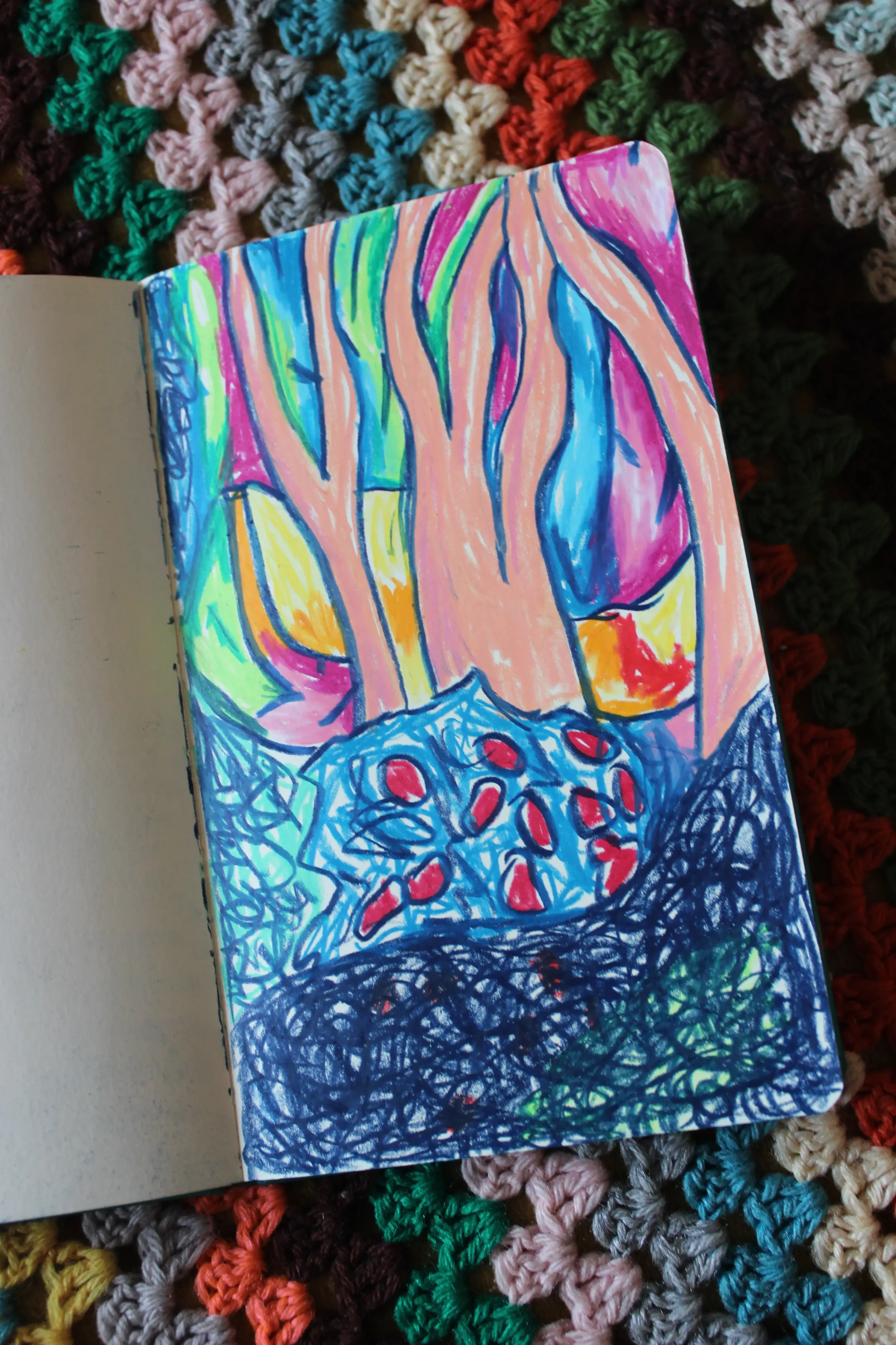 A colorful, hand-drawn picture of trees on a canal bank, surrounded by flower-like shapes and abstract patterns, created with bright markers and crayons.